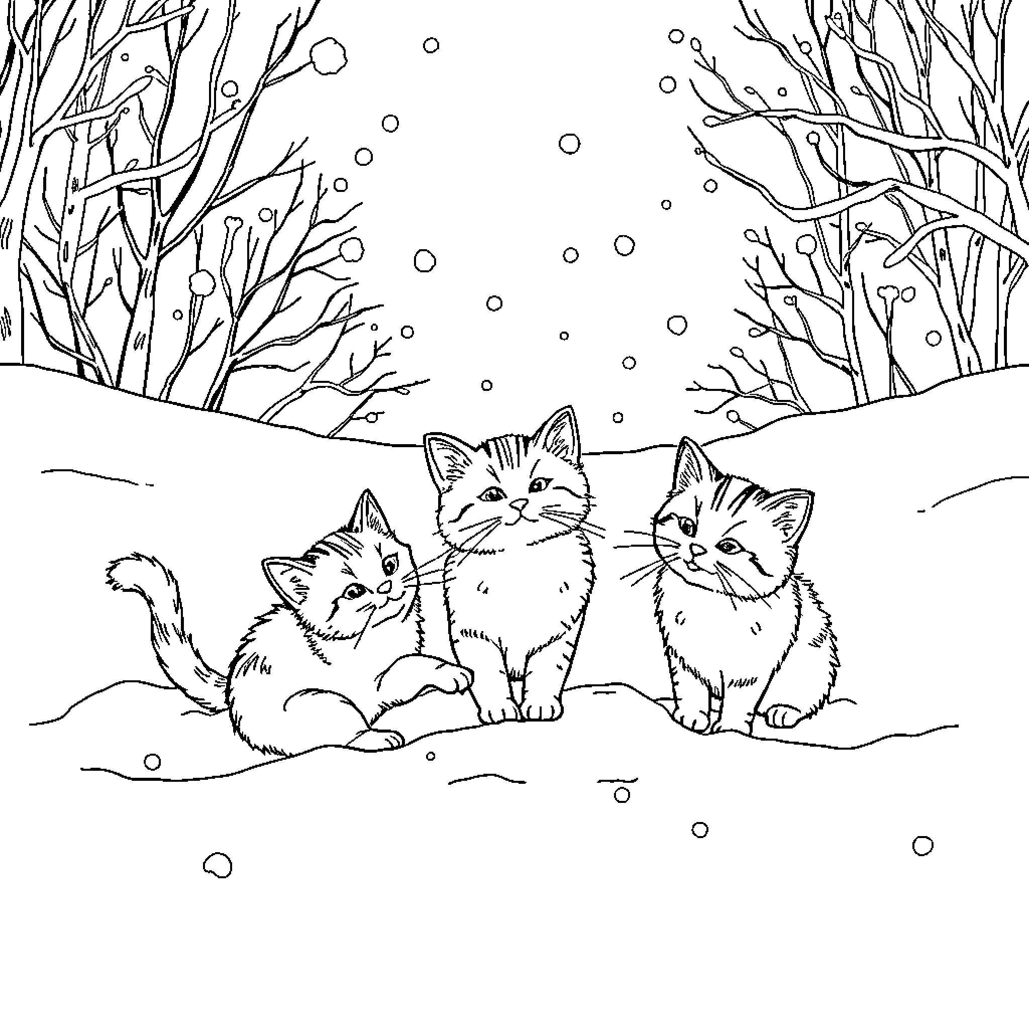 Cat Kittens Playing in Snowy Winter Scene Coloring Page (free black-and-white line drawing printable PDF for all, from beginners to advanced learners, including children, teens, adults, and seniors)