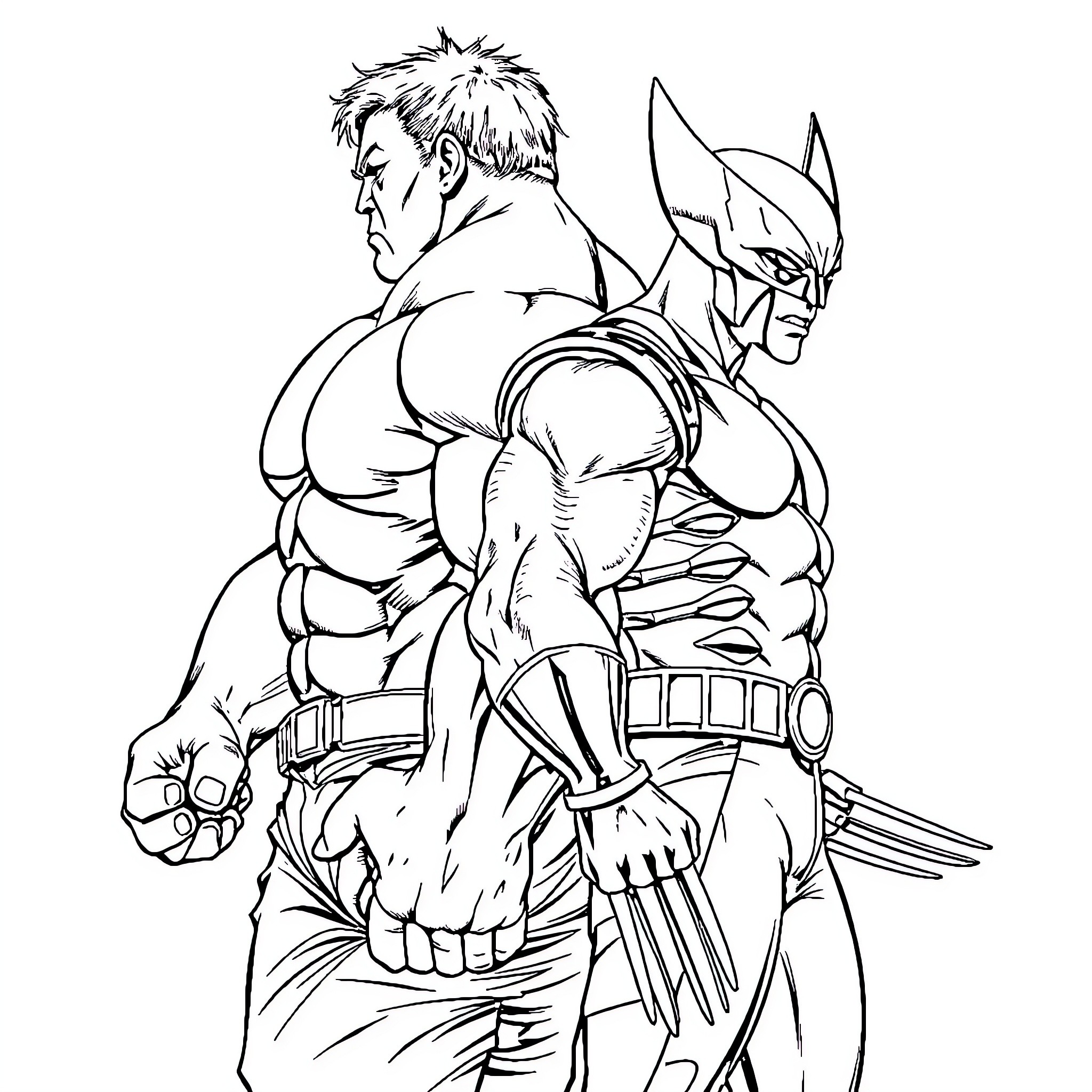 Hulk confronts fierce warrior in combat stance Coloring Page (free black-and-white line drawing printable PDF for all, from beginners to advanced learners, including children, teens, adults, and seniors)