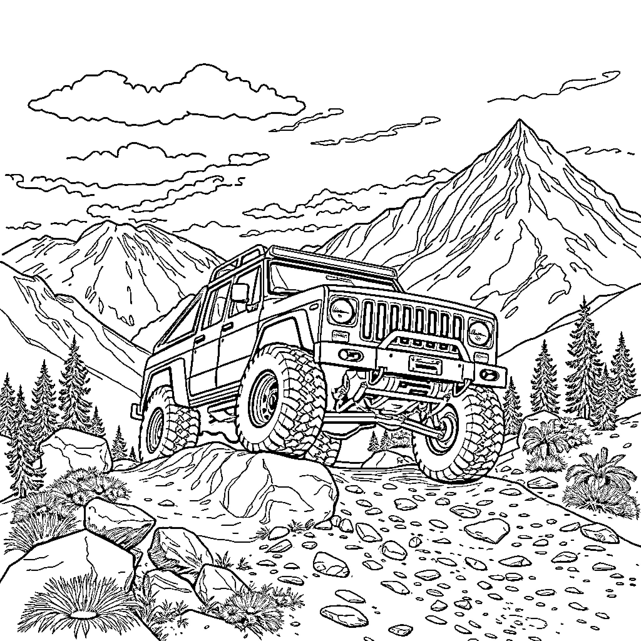 Truck Traversing Rugged Mountain Terrain Coloring Page (free black-and-white line drawing printable PDF for all, from beginners to advanced learners, including children, teens, adults, and seniors)