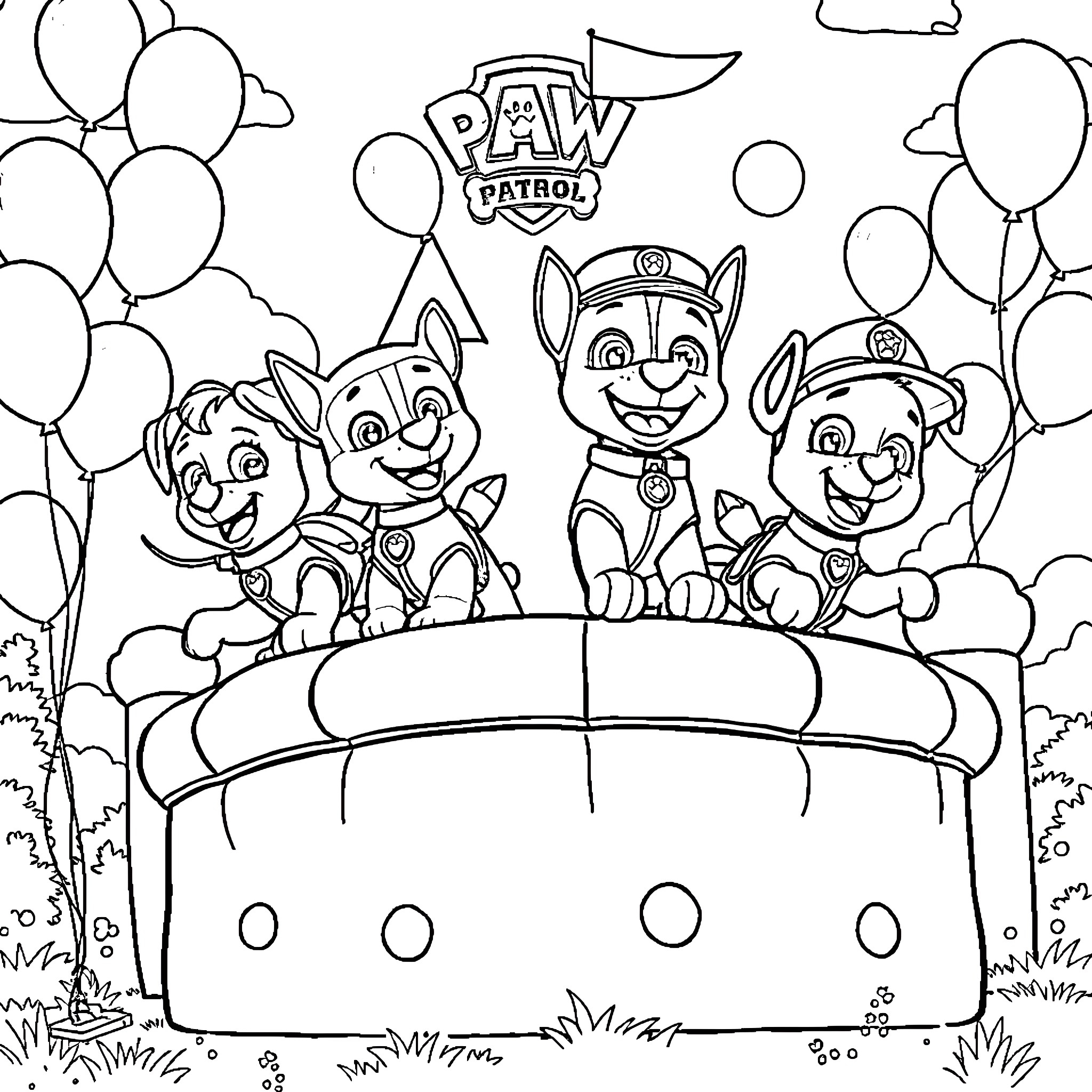 Paw Patrol Pups Celebrating with Balloons Coloring Page (free black-and-white line drawing printable PDF for all, from beginners to advanced learners, including children, teens, adults, and seniors)