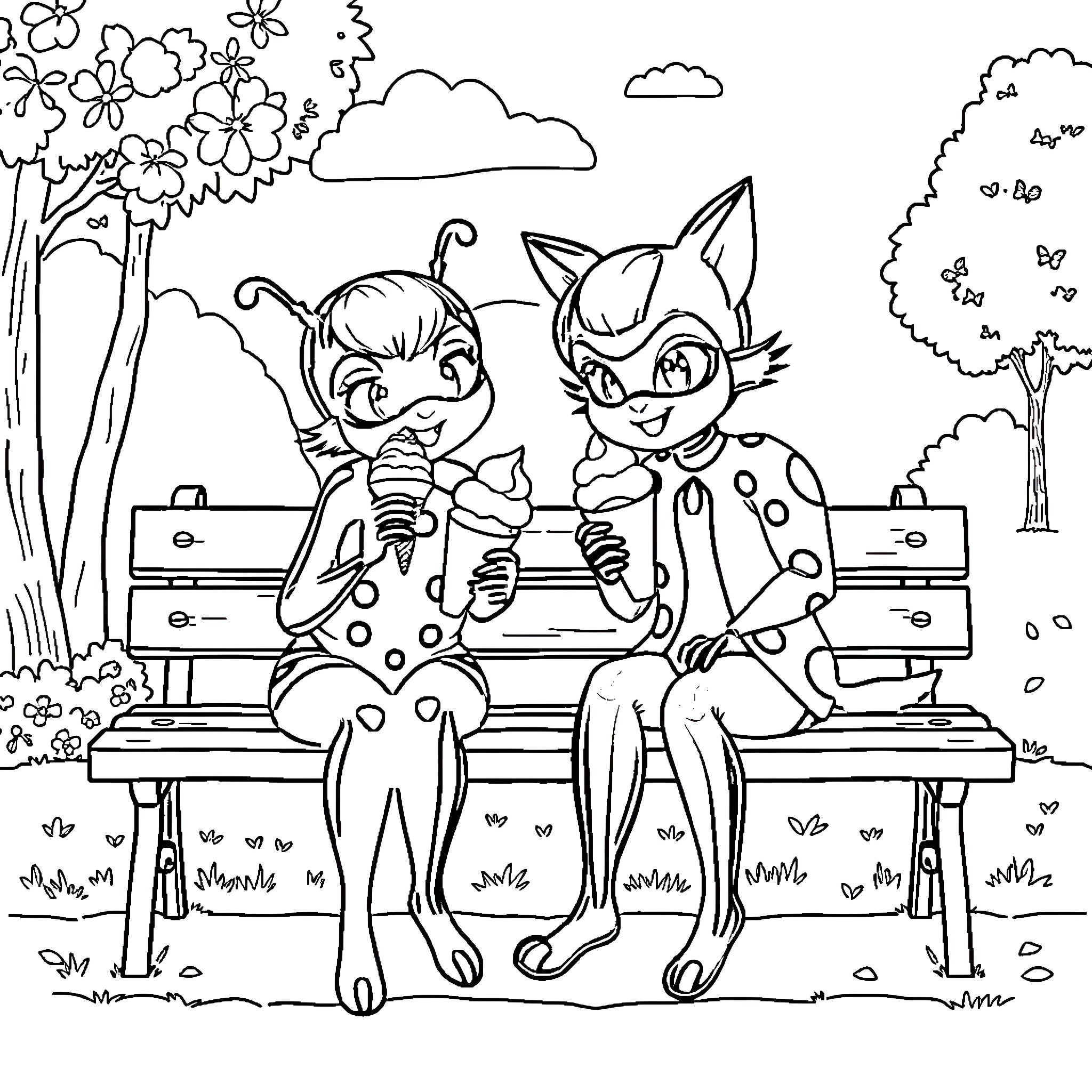 Ladybug friends enjoying ice cream on a park bench Coloring Page (free black-and-white line drawing printable PDF for all, from beginners to advanced learners, including children, teens, adults, and seniors)