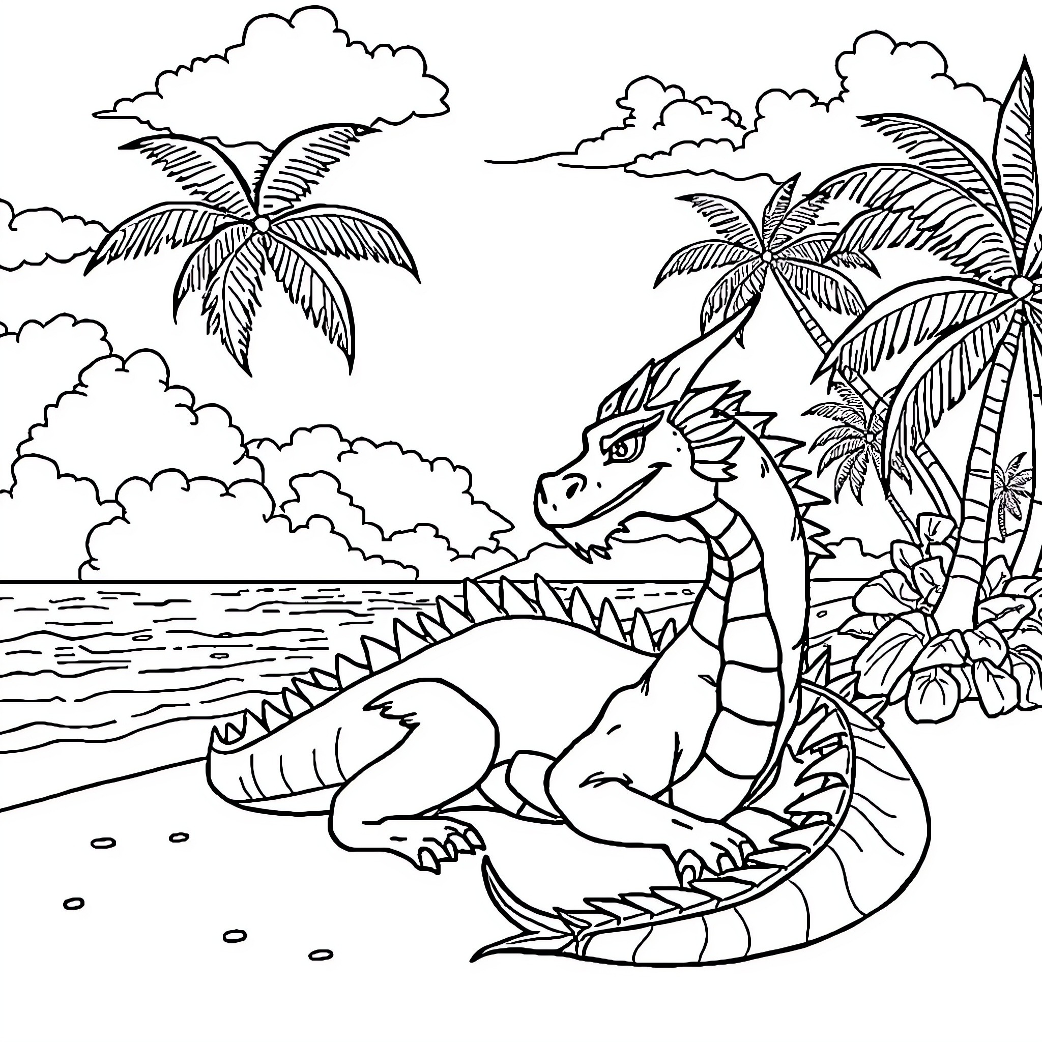 Dragon resting on tropical beach with palm trees Coloring Page (free black-and-white line drawing printable PDF for all, from beginners to advanced learners, including children, teens, adults, and seniors)