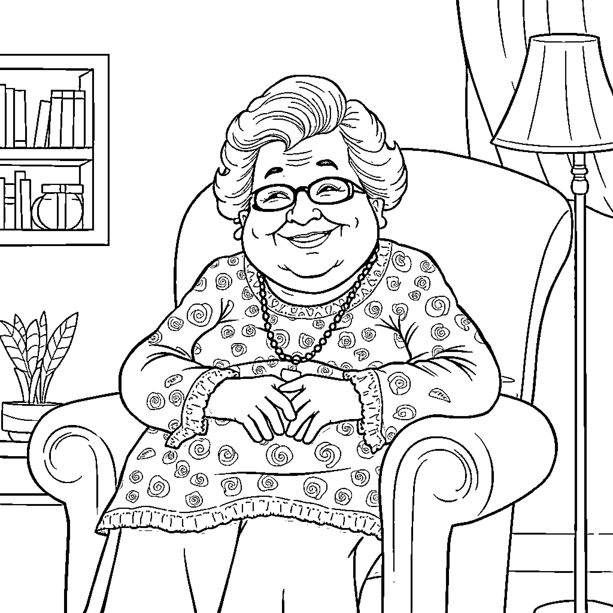 Grandma enjoying a cozy moment at home Coloring Page (free black-and-white line drawing printable PDF for all, from beginners to advanced learners, including children, teens, adults, and seniors)