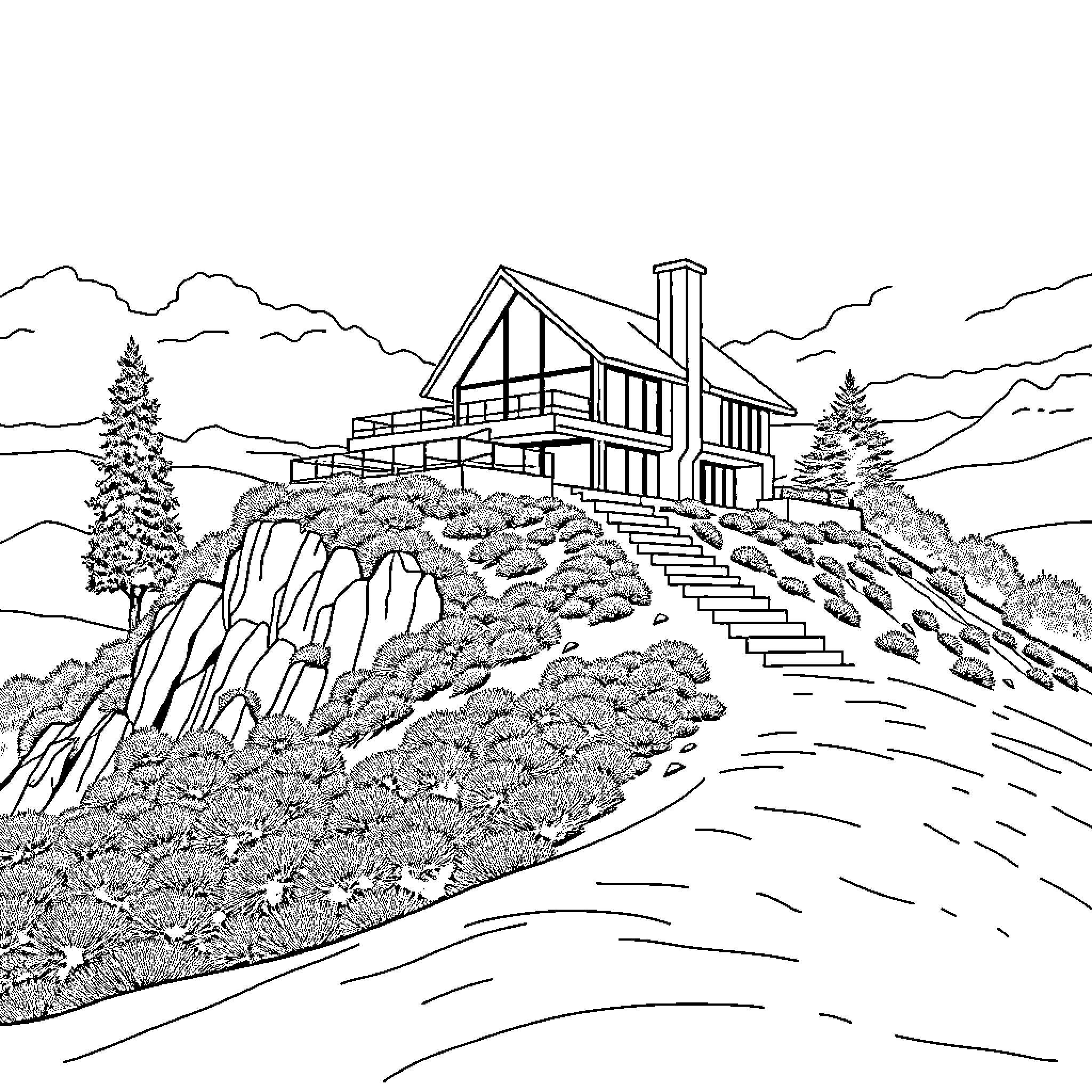 House atop a scenic hillside with lush vegetation Coloring Page (free black-and-white line drawing printable PDF for all, from beginners to advanced learners, including children, teens, adults, and seniors)