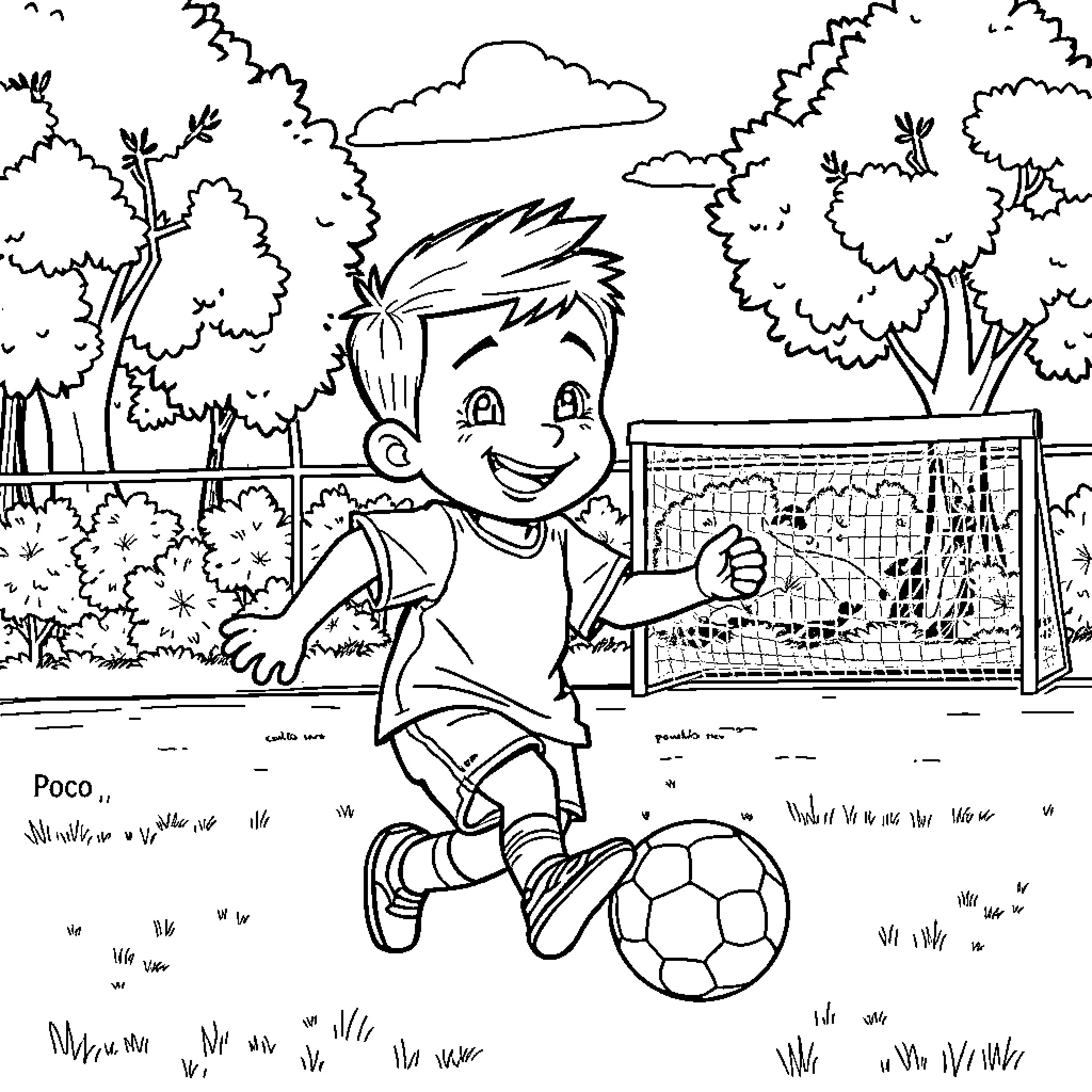 Poco playing with soccer ball in forest Coloring Page (free black-and-white line drawing printable PDF for all, from beginners to advanced learners, including children, teens, adults, and seniors)