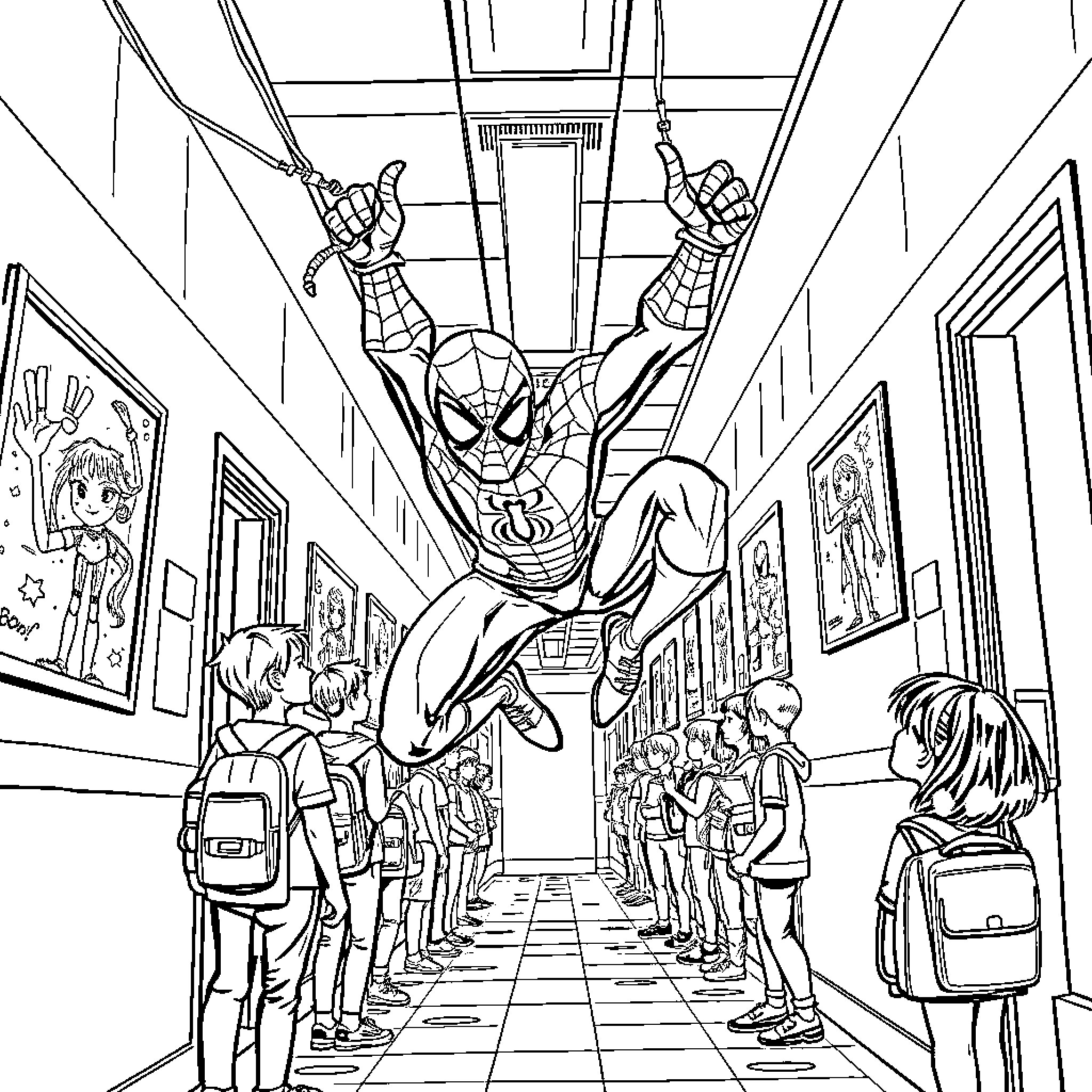 Spiderman swinging through a crowded school hallway Coloring Page (free black-and-white line drawing printable PDF for all, from beginners to advanced learners, including children, teens, adults, and seniors)