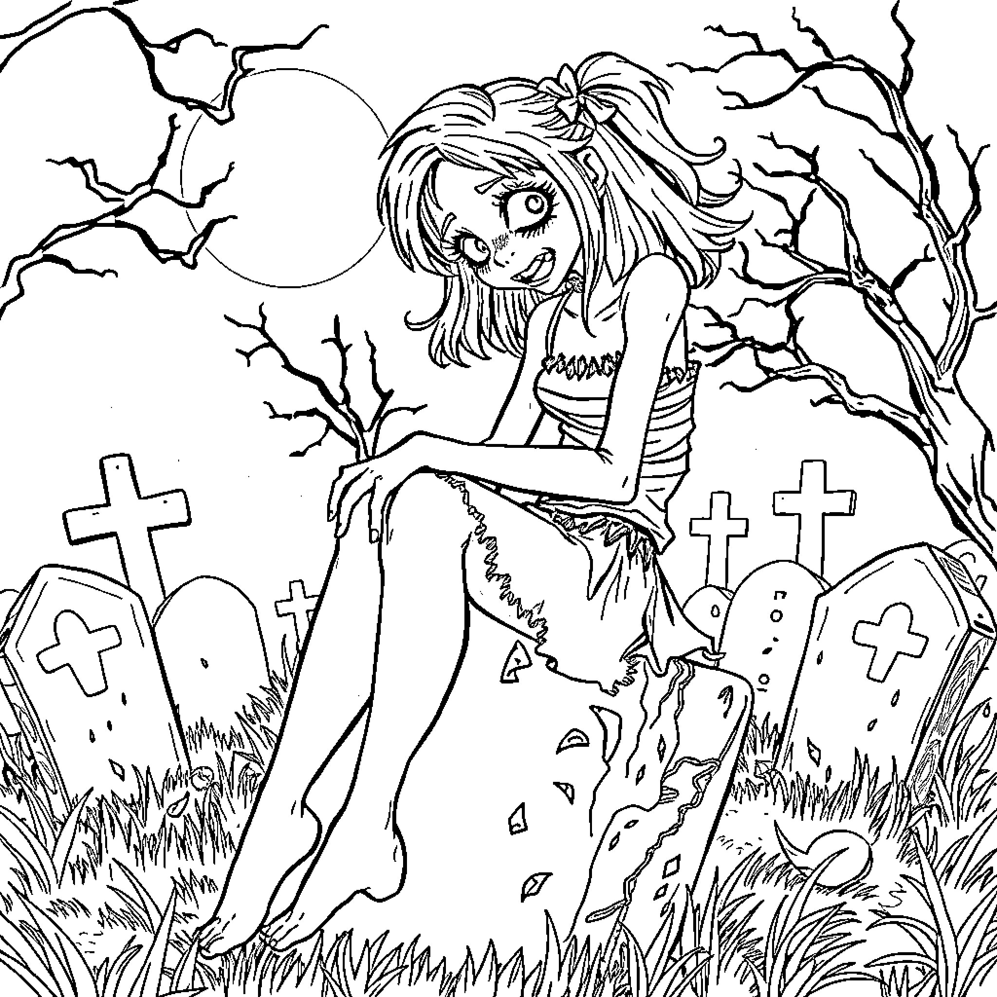 Zombie Girl Sitting Among Graves Coloring Page (free black-and-white line drawing printable PDF for all, from beginners to advanced learners, including children, teens, adults, and seniors)
