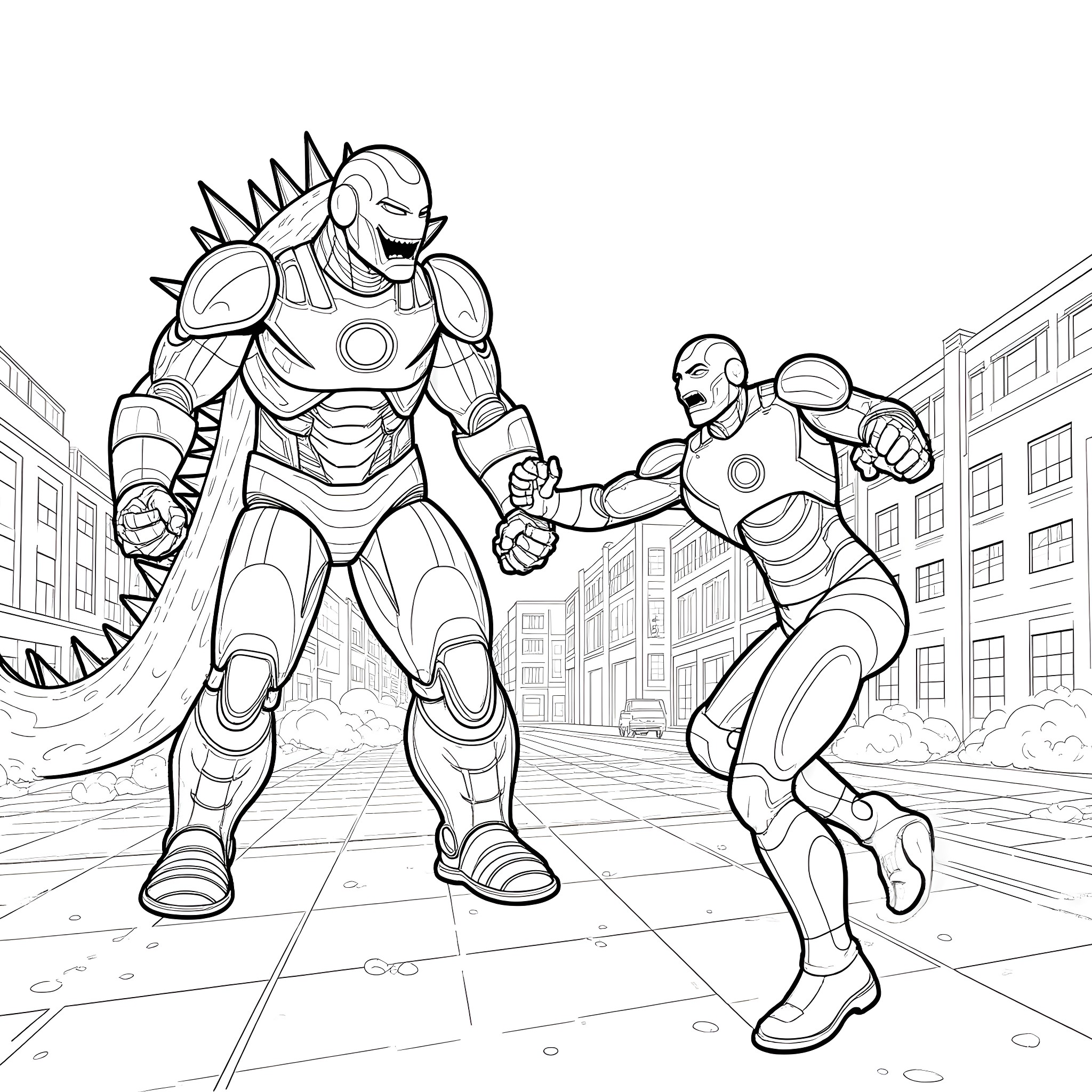 Ironman characters in a heroic battle Coloring Page (free black-and-white line drawing printable PDF for all, from beginners to advanced learners, including children, teens, adults, and seniors)