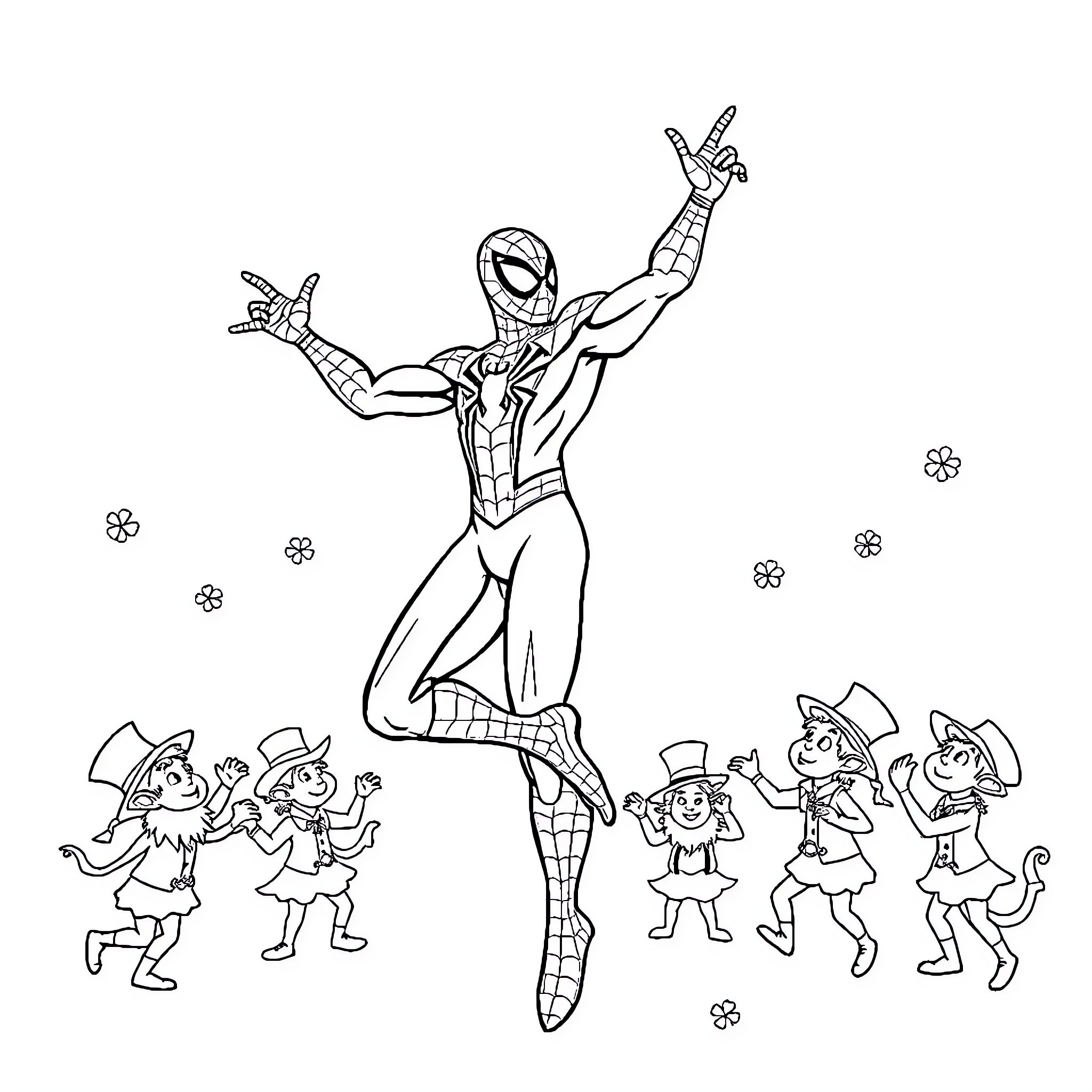 Spiderman leaping with excited children in costumes Coloring Page (free black-and-white line drawing printable PDF for all, from beginners to advanced learners, including children, teens, adults, and seniors)
