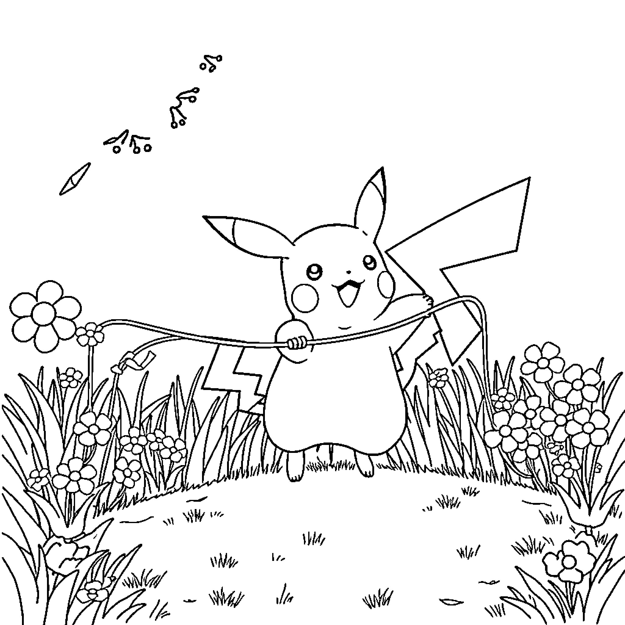 Pikachu happily exploring a flowery meadow Coloring Page (free black-and-white line drawing printable PDF for all, from beginners to advanced learners, including children, teens, adults, and seniors)
