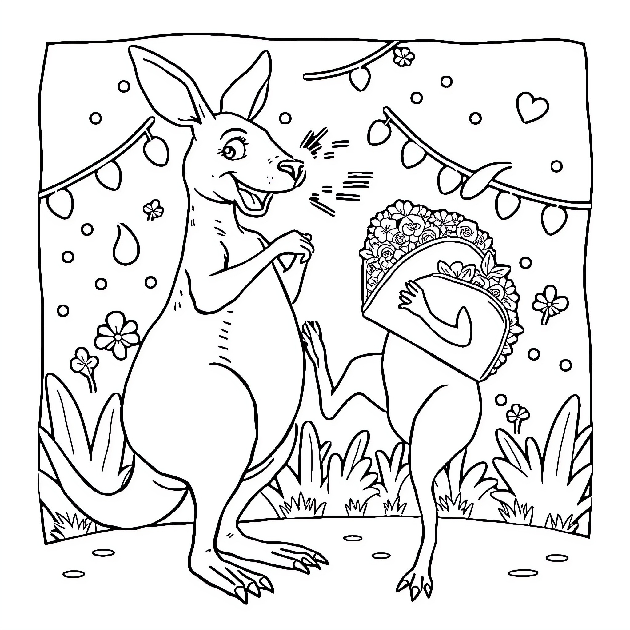Kangaroo celebrating in a whimsical garden Coloring Page (free black-and-white line drawing printable PDF for all, from beginners to advanced learners, including children, teens, adults, and seniors)