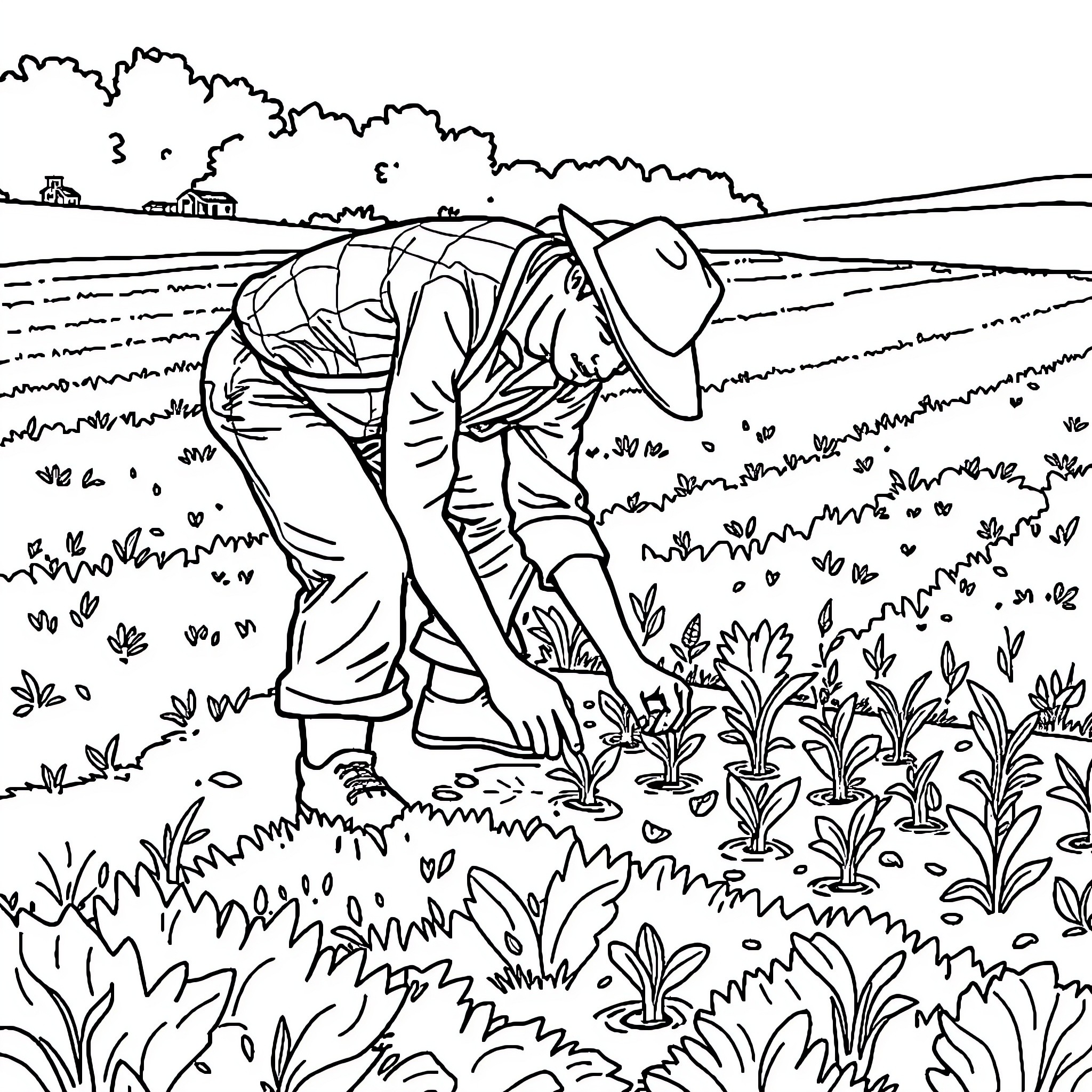 Farmer working diligently in the field Coloring Page (free black-and-white line drawing printable PDF for all, from beginners to advanced learners, including children, teens, adults, and seniors)