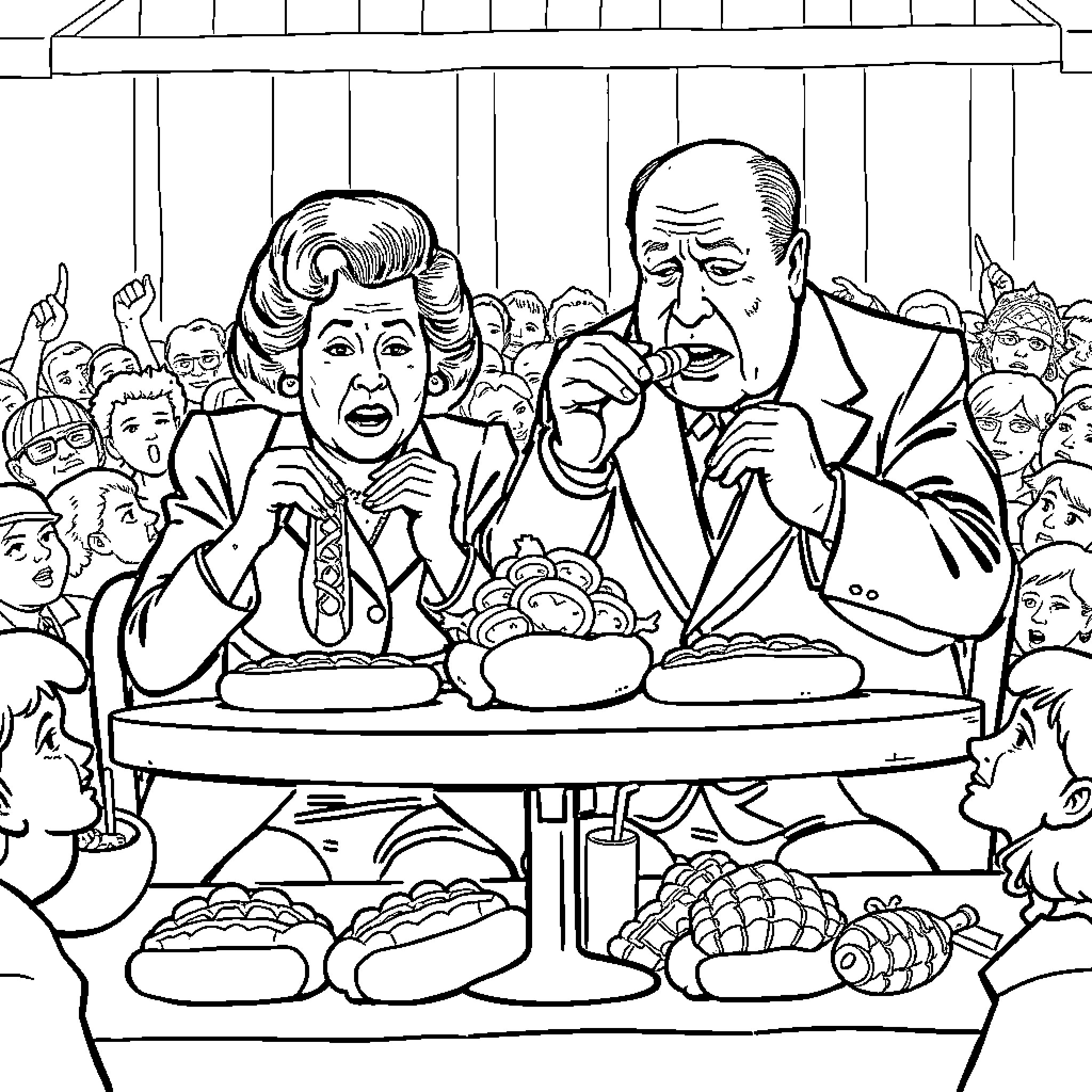 Margaret Thatcher and Husband Entertaining Guests at a Party Coloring Page (free black-and-white line drawing printable PDF for all, from beginners to advanced learners, including children, teens, adults, and seniors)