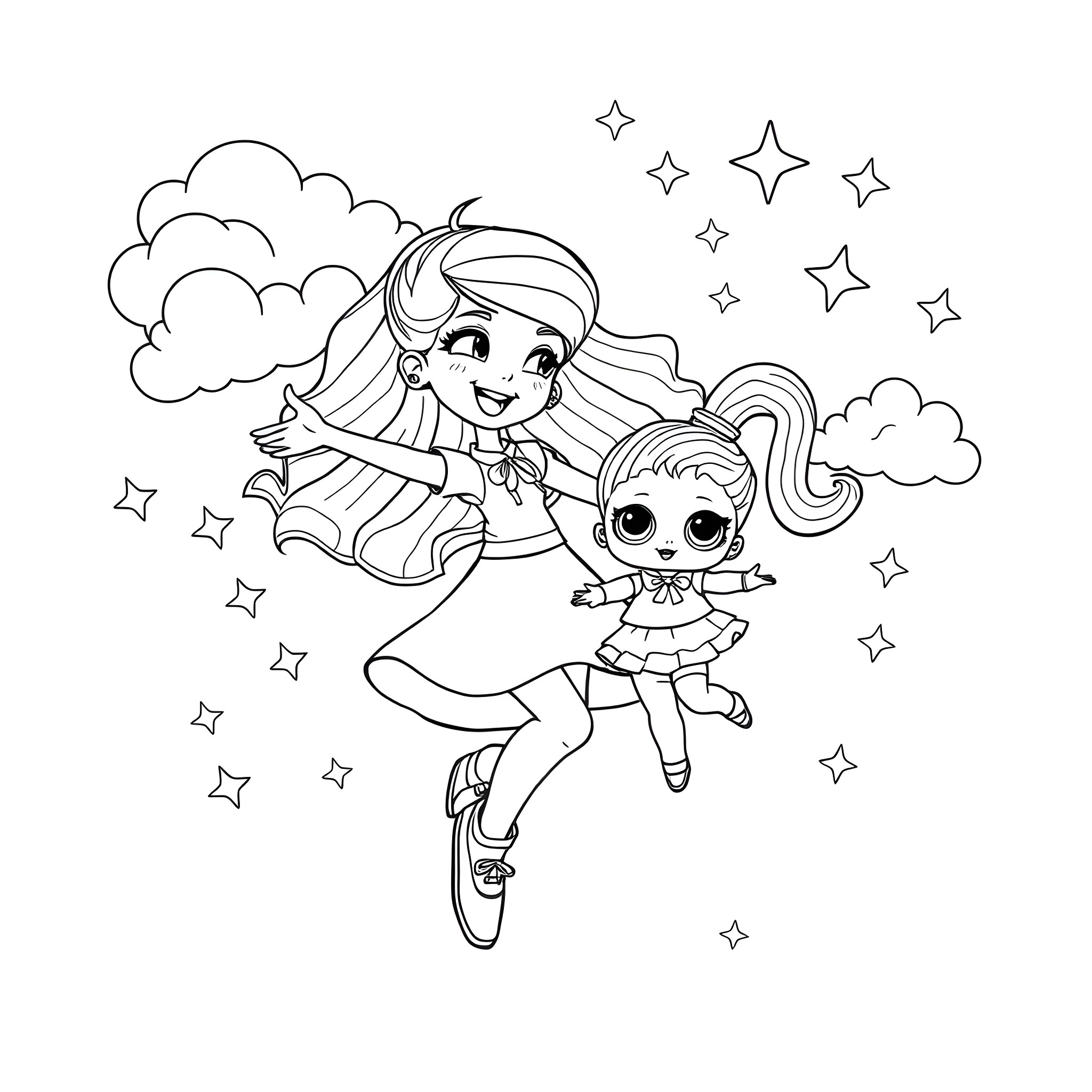 Dandy Girls Frolicking Amid Swirling Stars Coloring Page (free black-and-white line drawing printable PDF for all, from beginners to advanced learners, including children, teens, adults, and seniors)