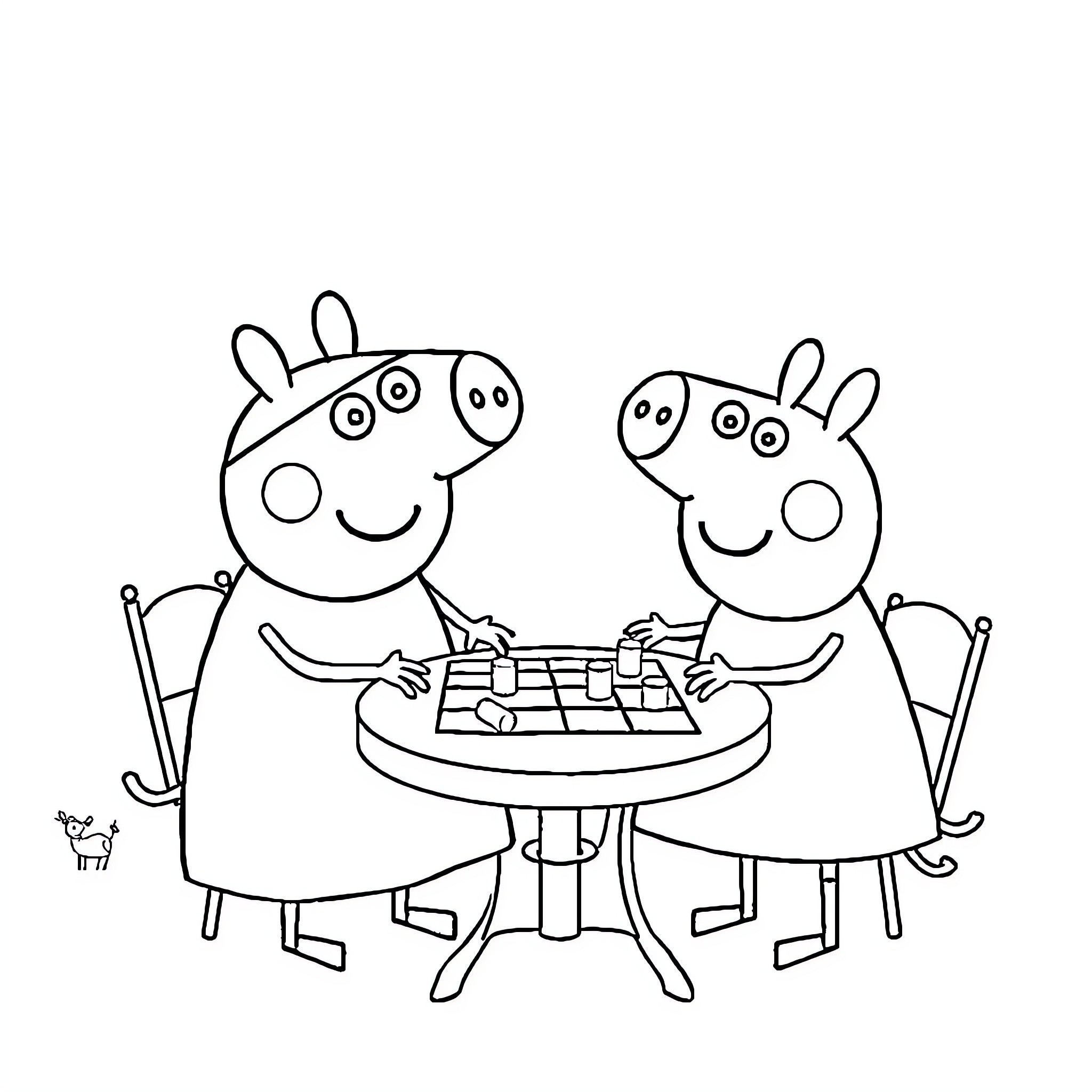 Bluey and Peppa Pig playing board games together Coloring Page (free black-and-white line drawing printable PDF for all, from beginners to advanced learners, including children, teens, adults, and seniors)