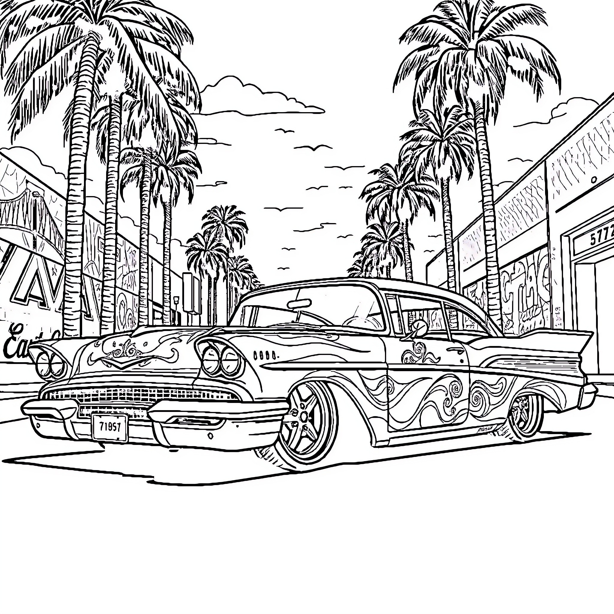 Lowrider car cruising down the palm-lined street Coloring Page (free black-and-white line drawing printable PDF for all, from beginners to advanced learners, including children, teens, adults, and seniors)