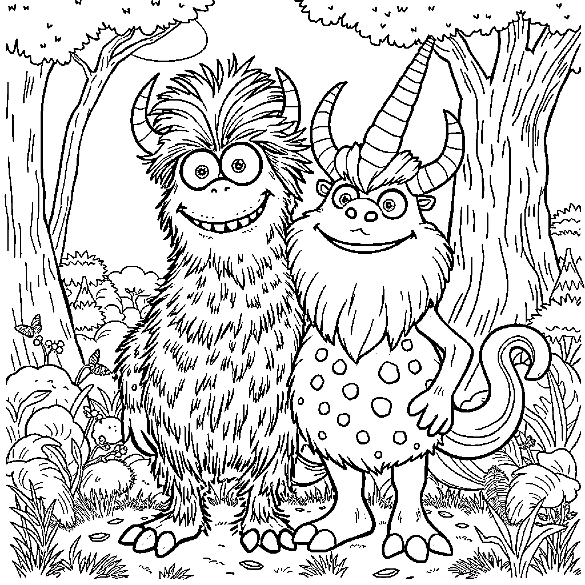Mammott and Pompom's Playful Adventure in the Enchanted Forest Coloring Page (free black-and-white line drawing printable PDF for all, from beginners to advanced learners, including children, teens, adults, and seniors)