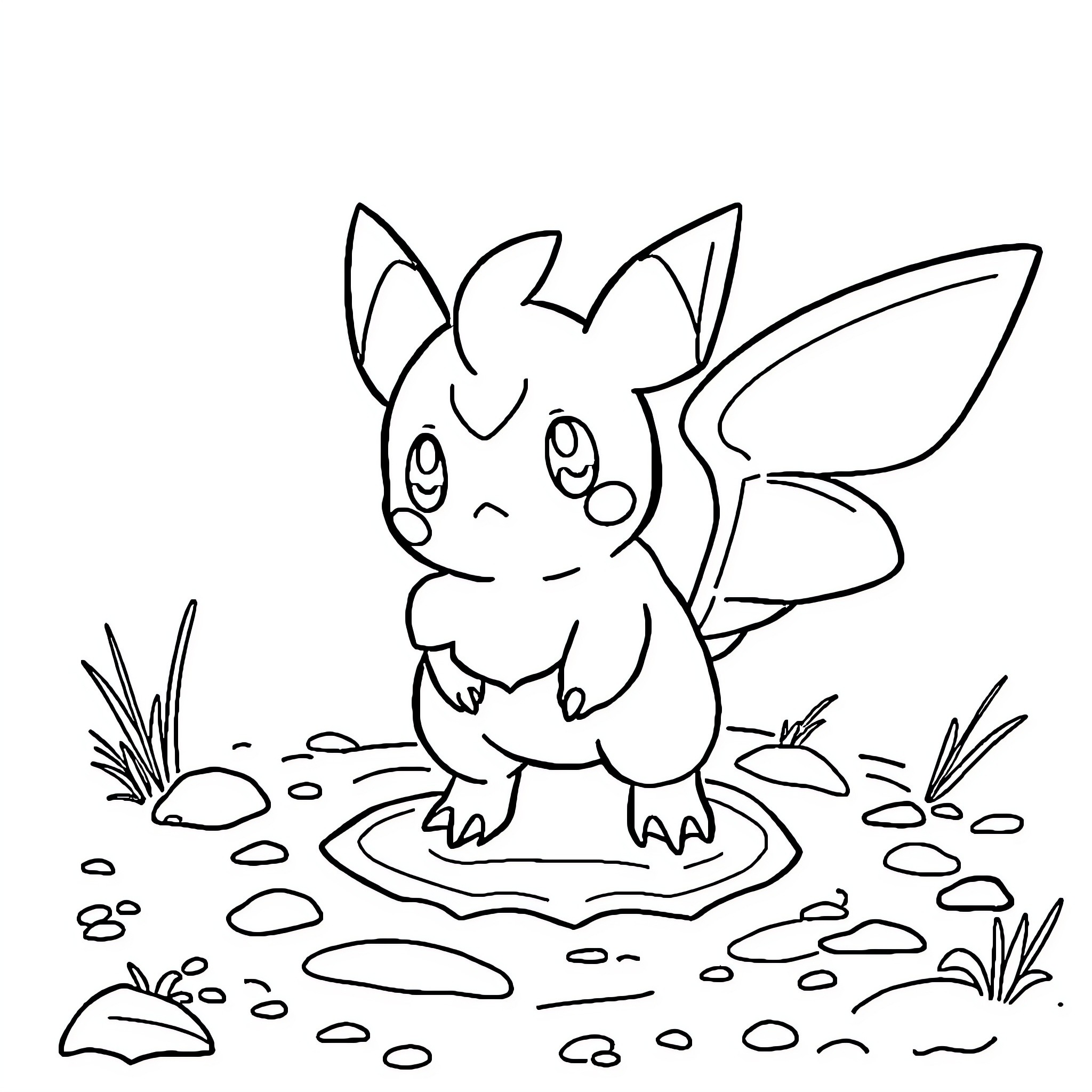 Mudkip exploring a muddy puddle Coloring Page (free black-and-white line drawing printable PDF for all, from beginners to advanced learners, including children, teens, adults, and seniors)