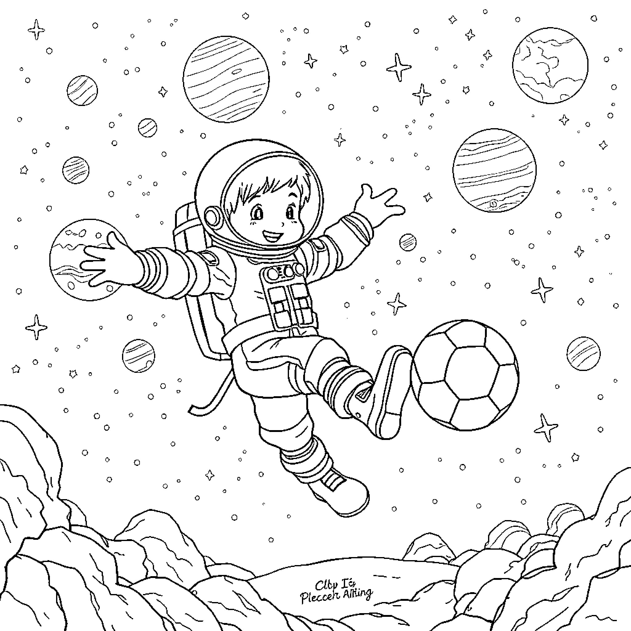 Kid exploring the wonders of outer space Coloring Page (free black-and-white line drawing printable PDF for all, from beginners to advanced learners, including children, teens, adults, and seniors)