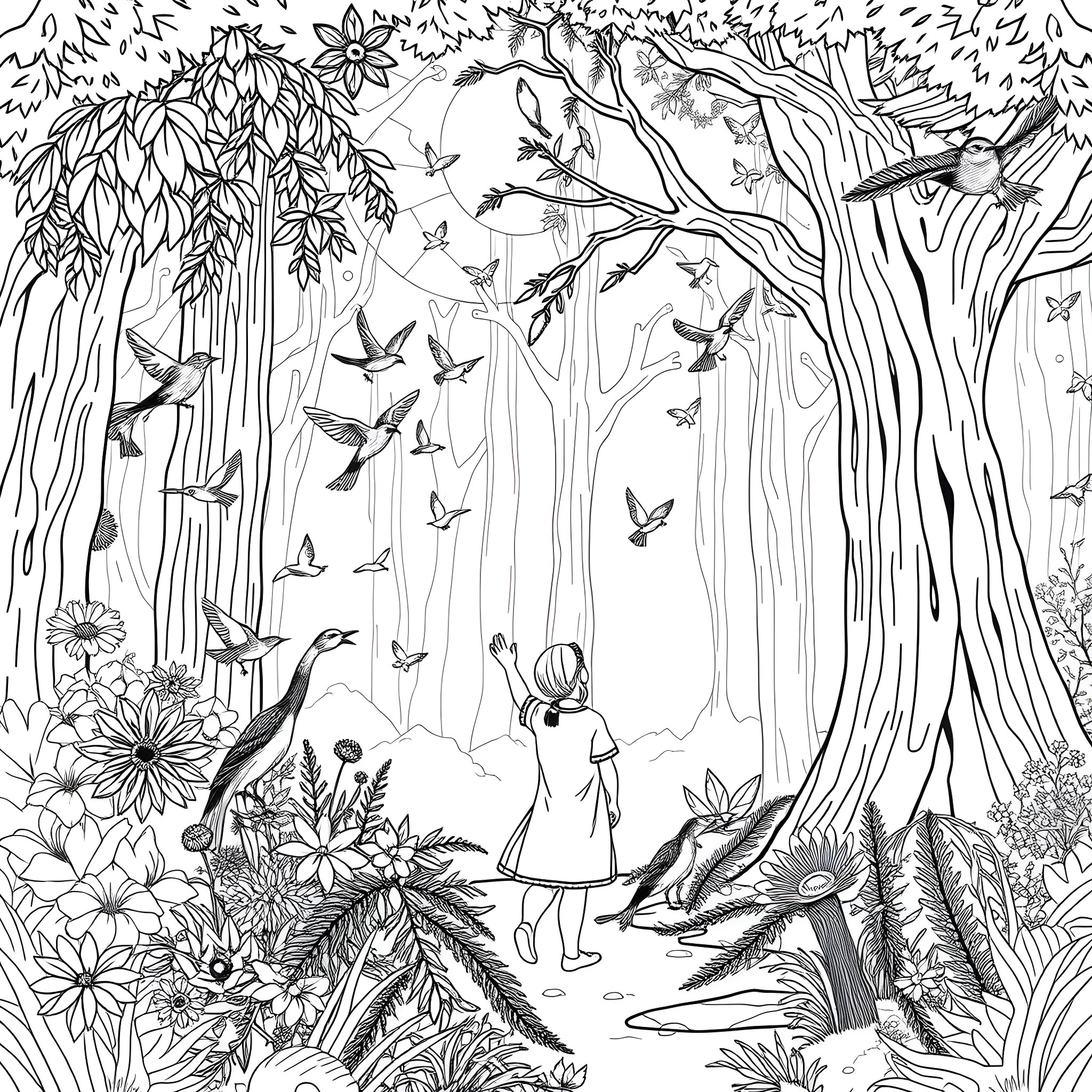 Spirit of Nature in Enchanted Forest Coloring Page (free black-and-white line drawing printable PDF for all, from beginners to advanced learners, including children, teens, adults, and seniors)