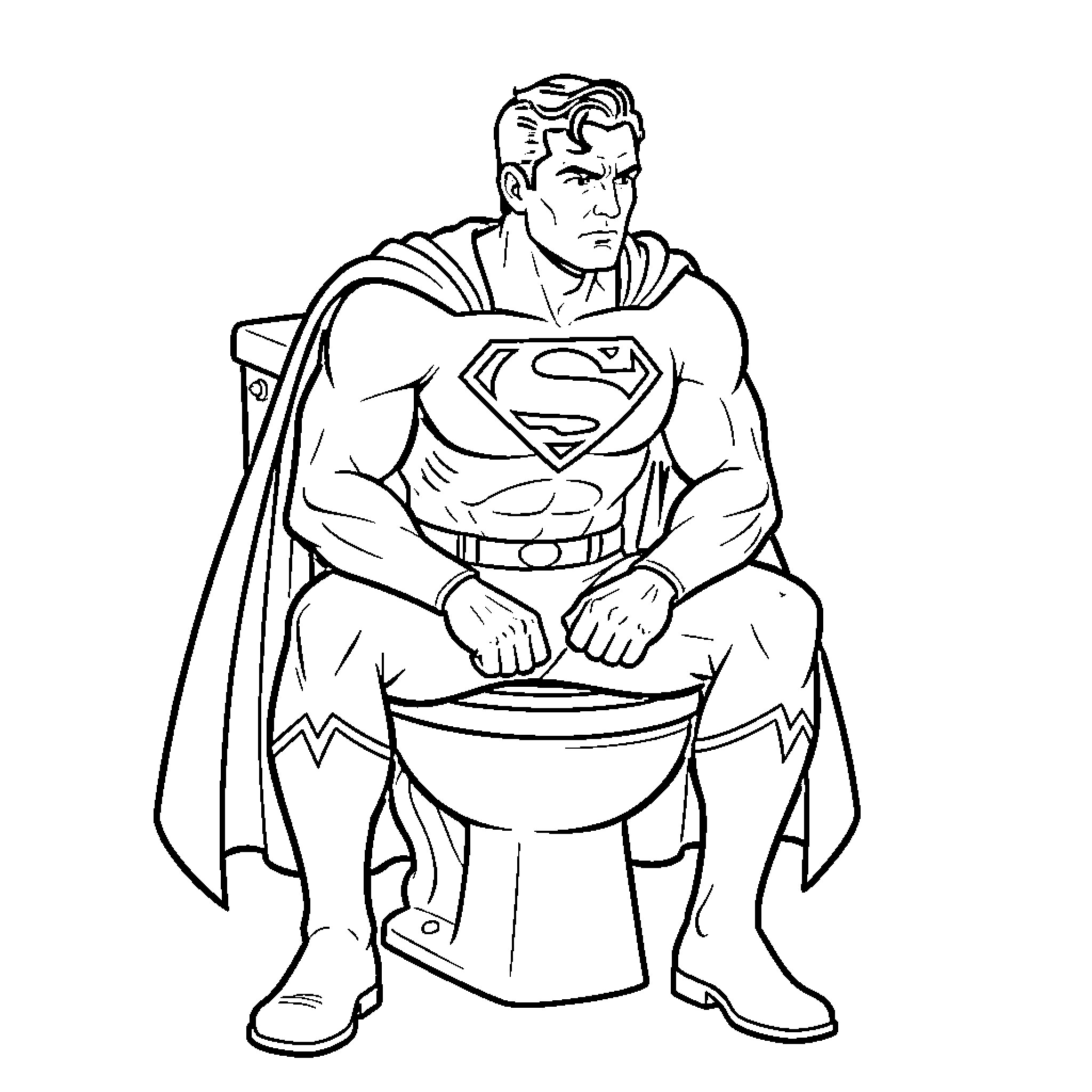 Superman sitting on a toilet with a serious expression Coloring Page (free black-and-white line drawing printable PDF for all, from beginners to advanced learners, including children, teens, adults, and seniors)