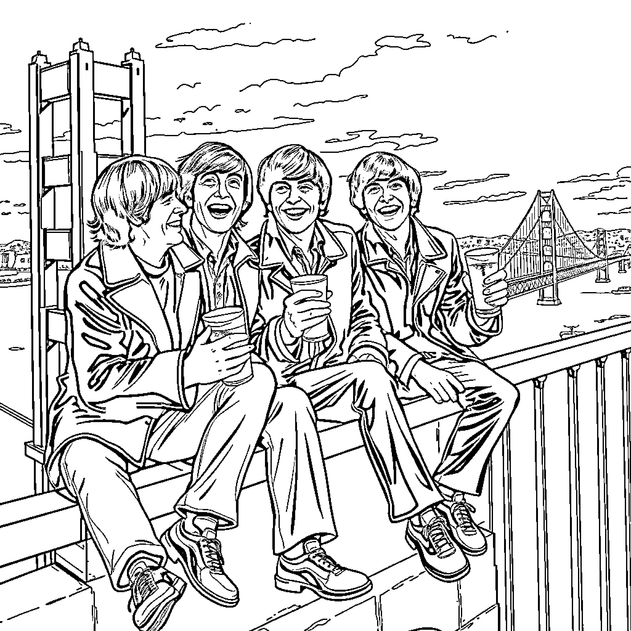 Beatles Enjoying the View in the City Coloring Page (free black-and-white line drawing printable PDF for all, from beginners to advanced learners, including children, teens, adults, and seniors)