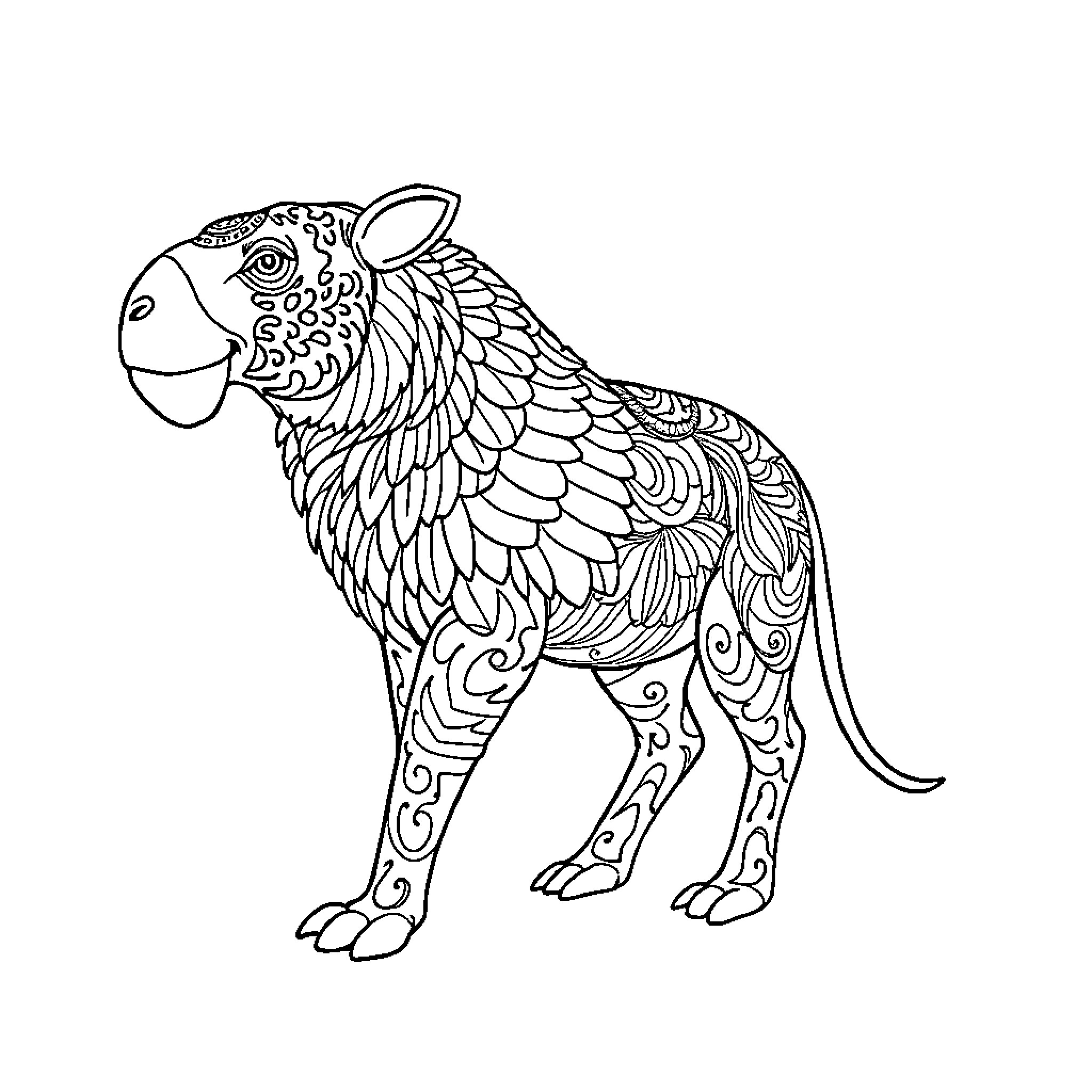 Animal with intricate patterned fur Coloring Page (free black-and-white line drawing printable PDF for all, from beginners to advanced learners, including children, teens, adults, and seniors)