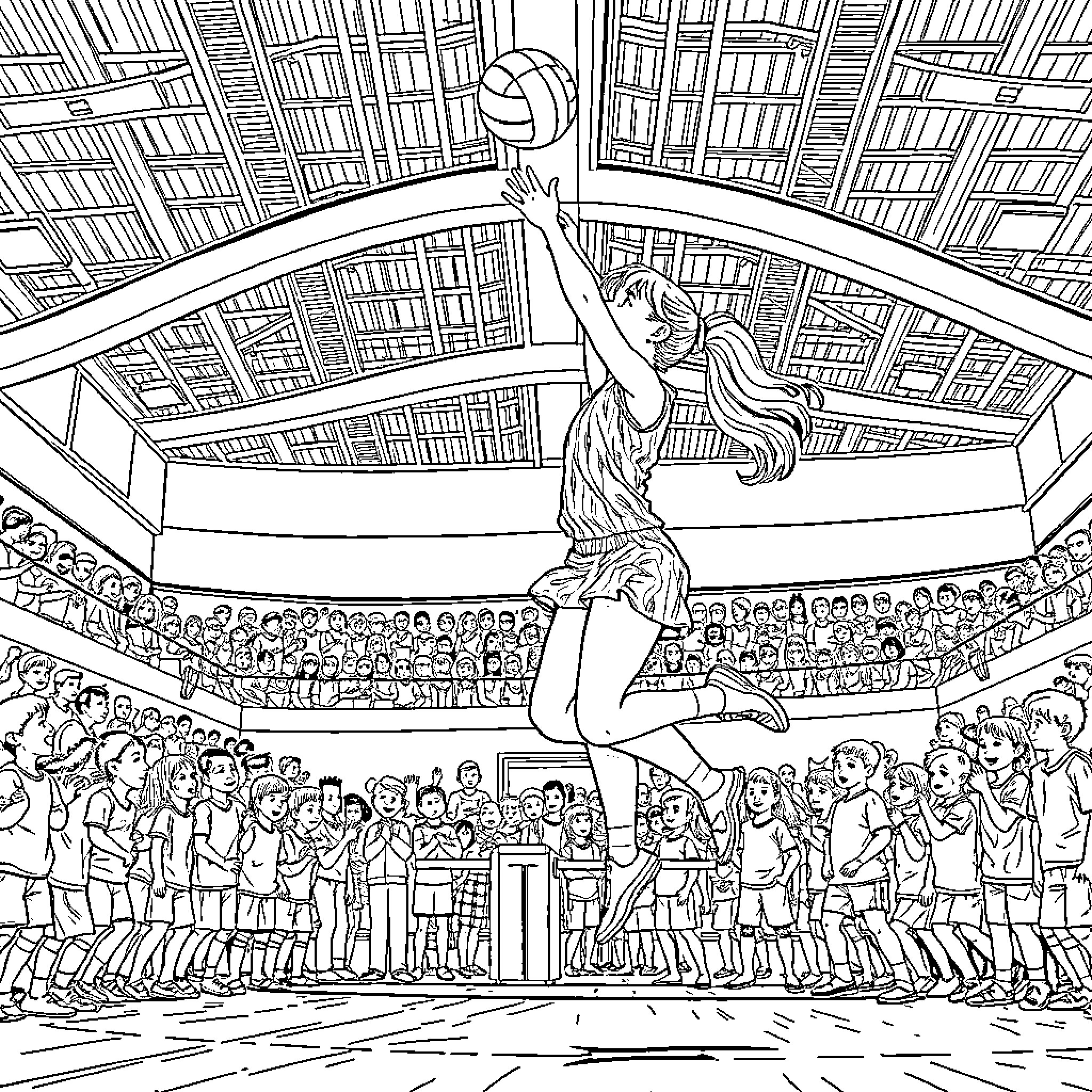 Girl performing volleyball spike on court surrounded by crowd Coloring Page (free black-and-white line drawing printable PDF for all, from beginners to advanced learners, including children, teens, adults, and seniors)