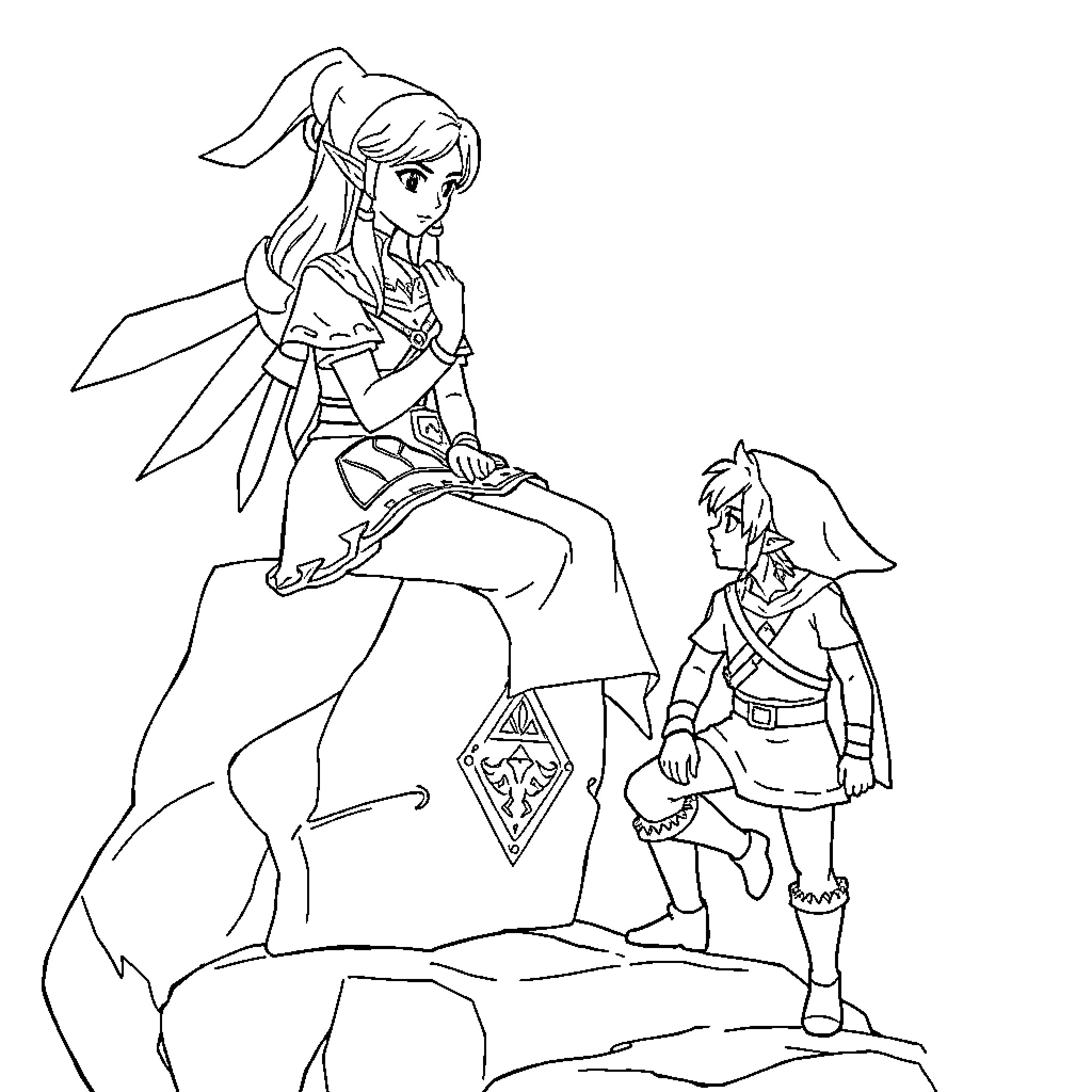 Zelda and Link on an adventure Coloring Page (free black-and-white line drawing printable PDF for all, from beginners to advanced learners, including children, teens, adults, and seniors)