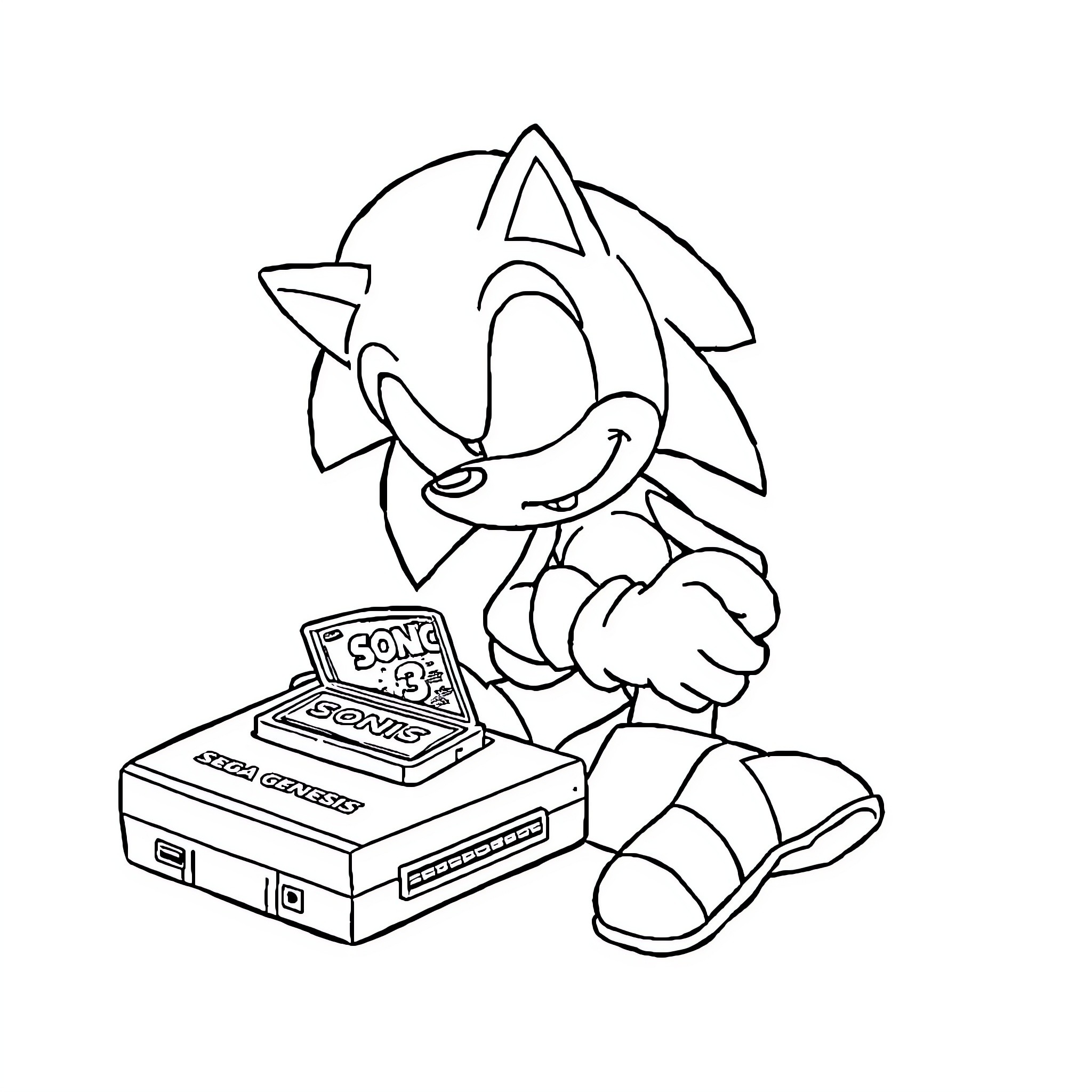 Sonic playing video games on retro console Coloring Page (free black-and-white line drawing printable PDF for all, from beginners to advanced learners, including children, teens, adults, and seniors)