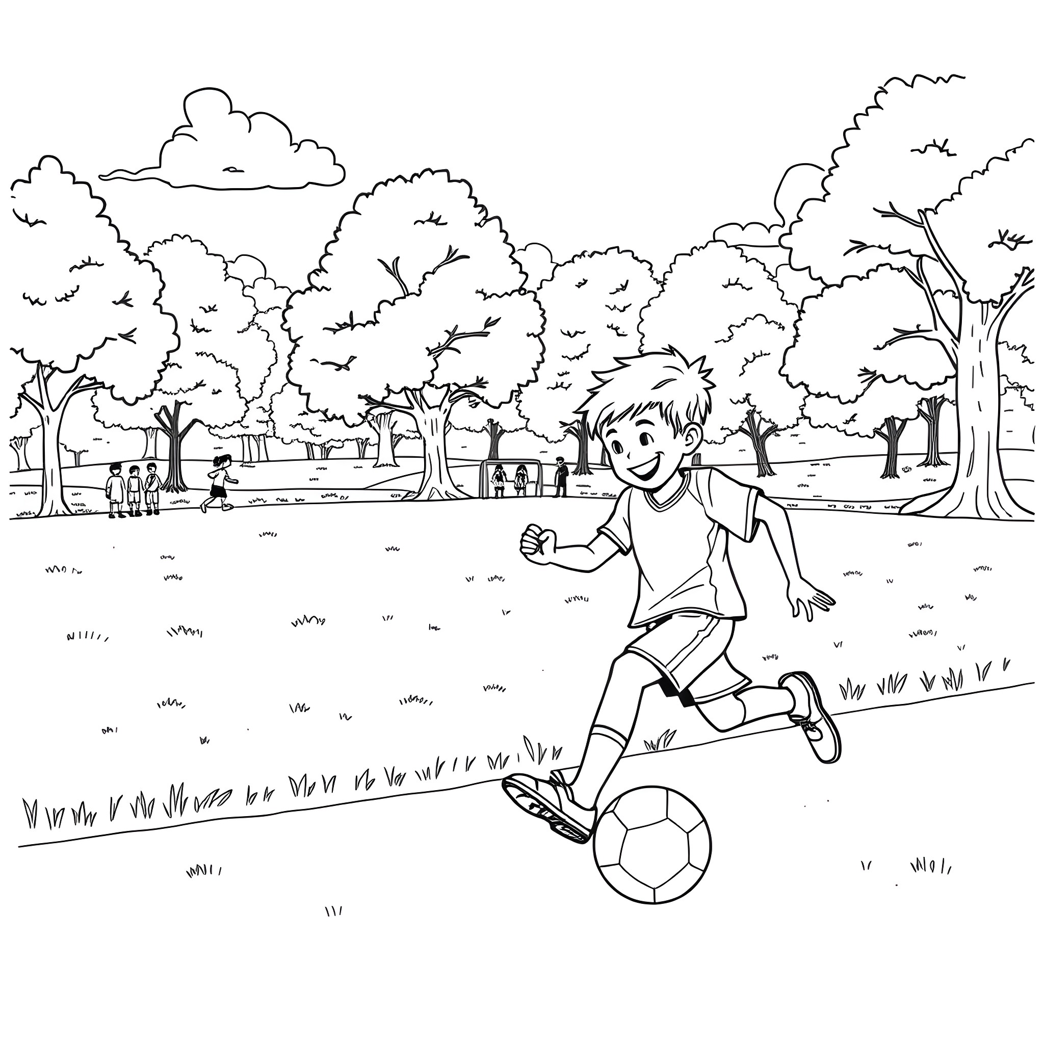 Boy playing soccer joyfully in the park Coloring Page (free black-and-white line drawing printable PDF for all, from beginners to advanced learners, including children, teens, adults, and seniors)