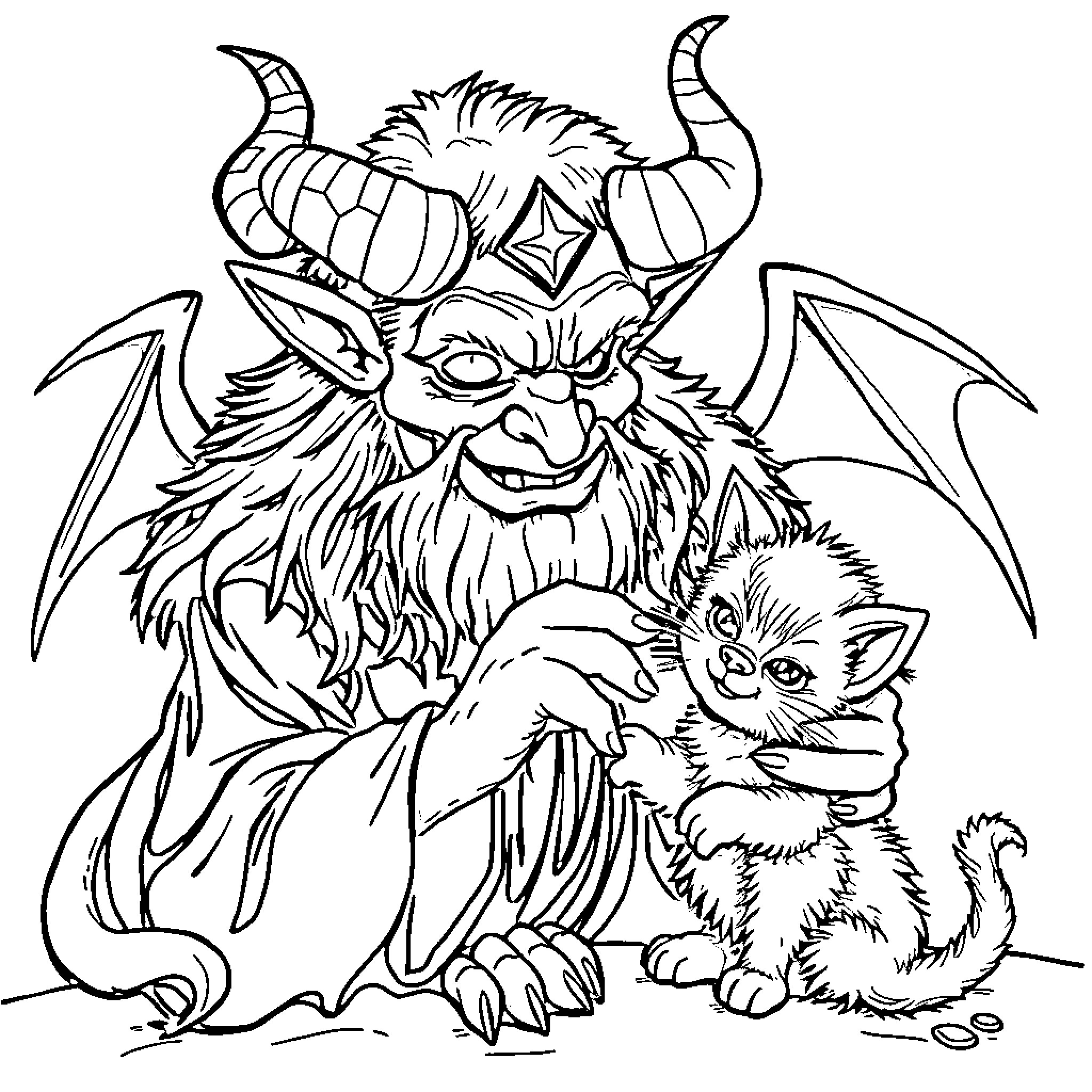 Satan's Monstrous Companion and Feline Friend Coloring Page (free black-and-white line drawing printable PDF for all, from beginners to advanced learners, including children, teens, adults, and seniors)
