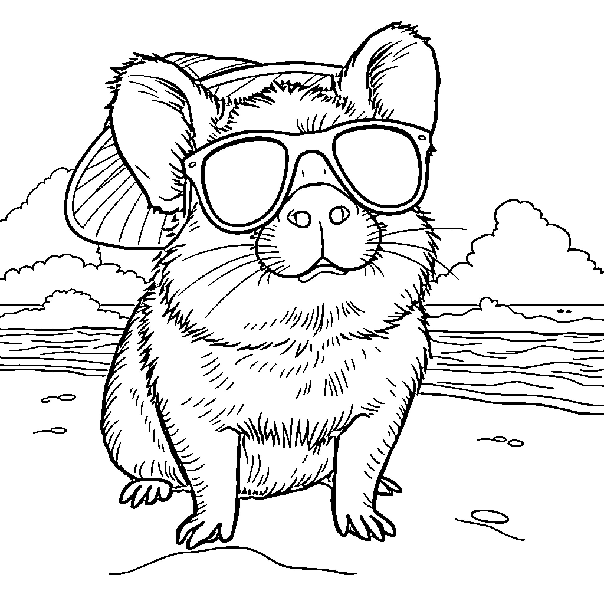 Guinea Pig wearing sunglasses at the beach Coloring Page (free black-and-white line drawing printable PDF for all, from beginners to advanced learners, including children, teens, adults, and seniors)