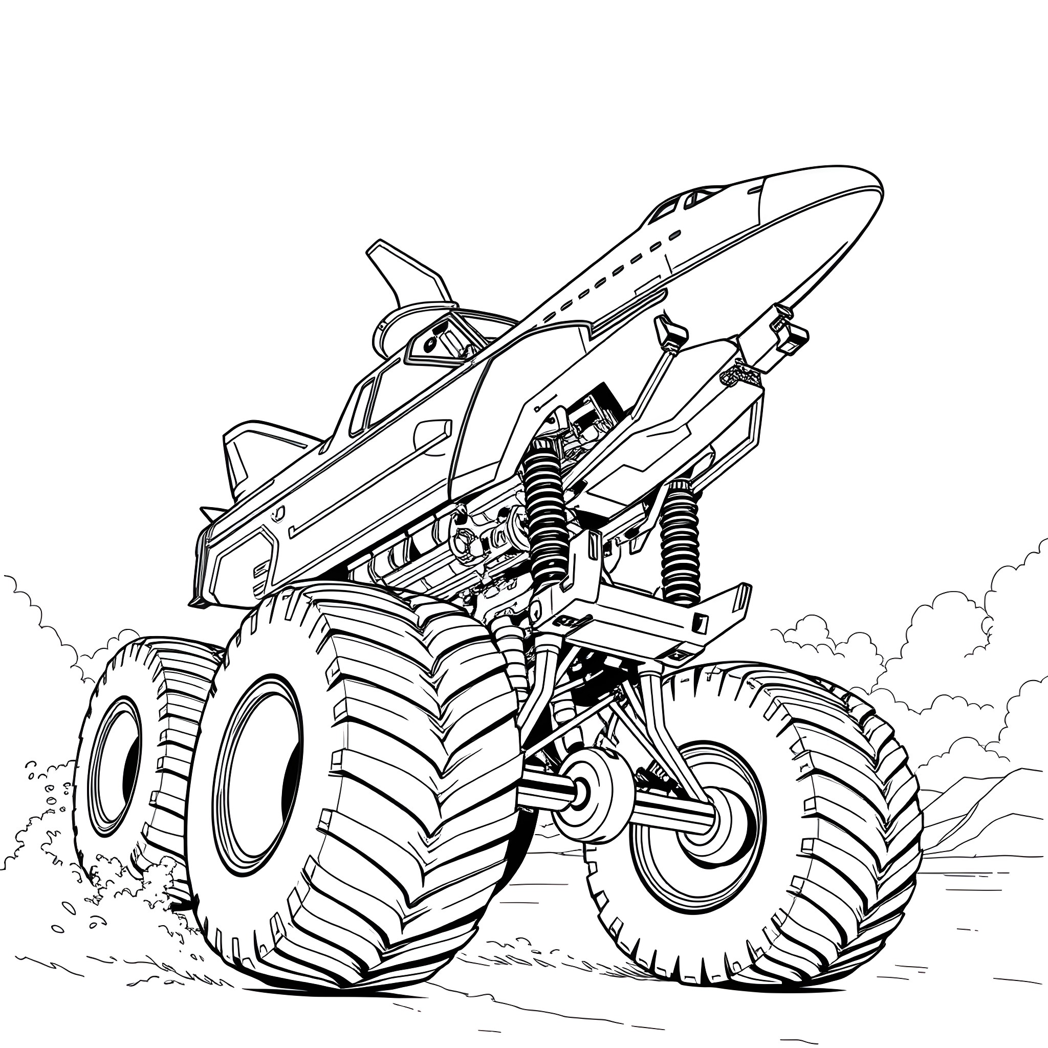Monster Truck Crushing Through Obstacles Coloring Page (free black-and-white line drawing printable PDF for all, from beginners to advanced learners, including children, teens, adults, and seniors)