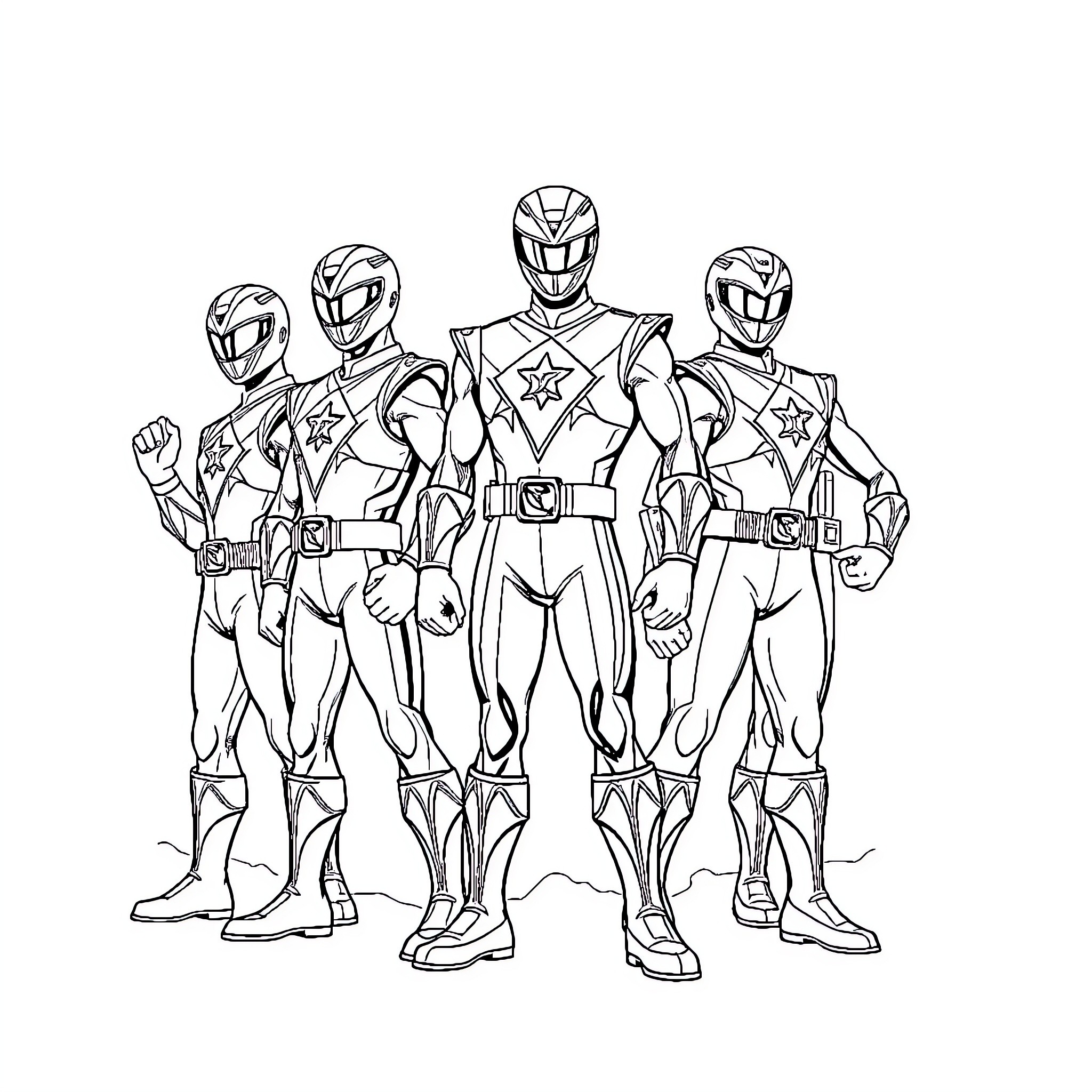Power Rangers posing in action poses Coloring Page (free black-and-white line drawing printable PDF for all, from beginners to advanced learners, including children, teens, adults, and seniors)