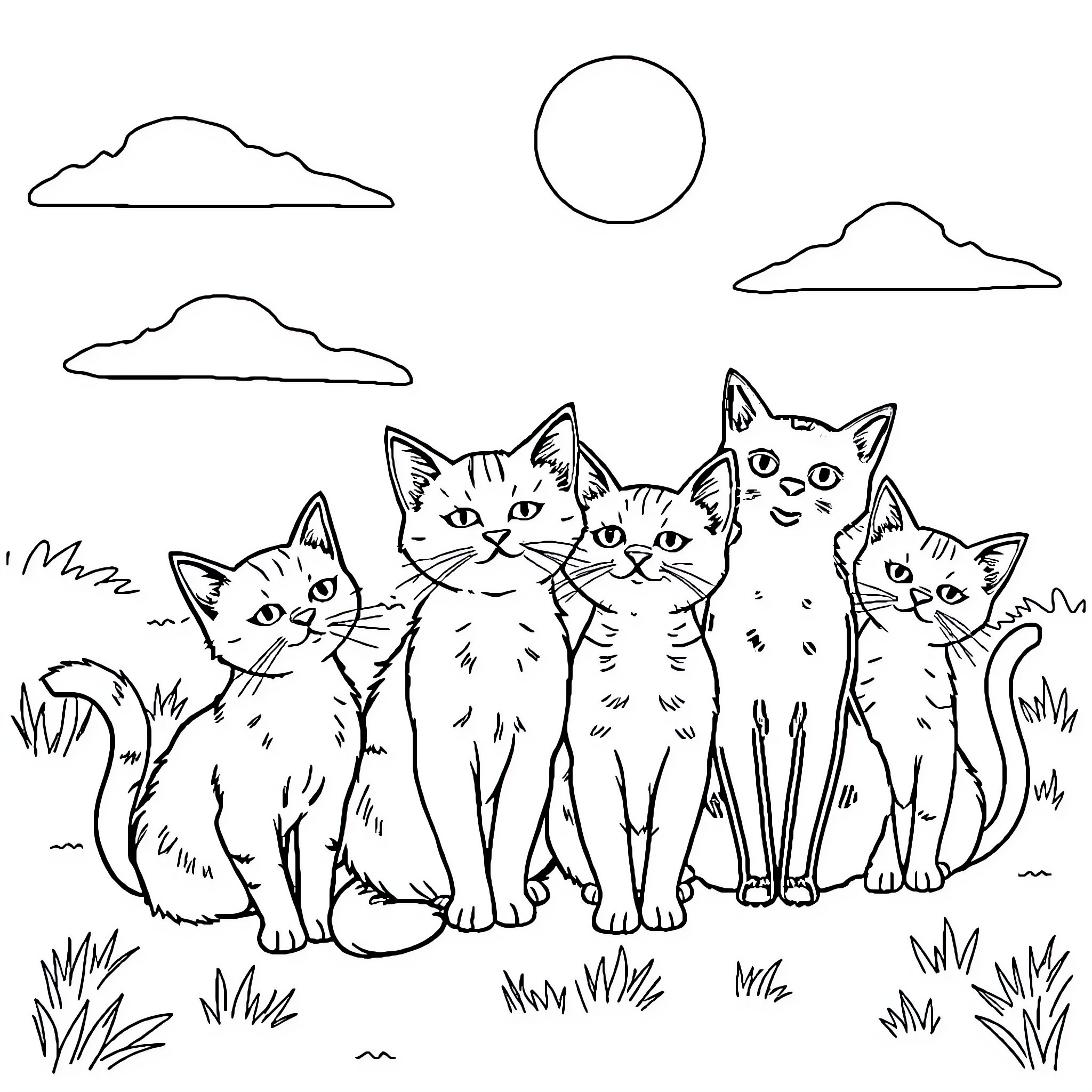 Cat friends enjoying the outdoors Coloring Page (free black-and-white line drawing printable PDF for all, from beginners to advanced learners, including children, teens, adults, and seniors)