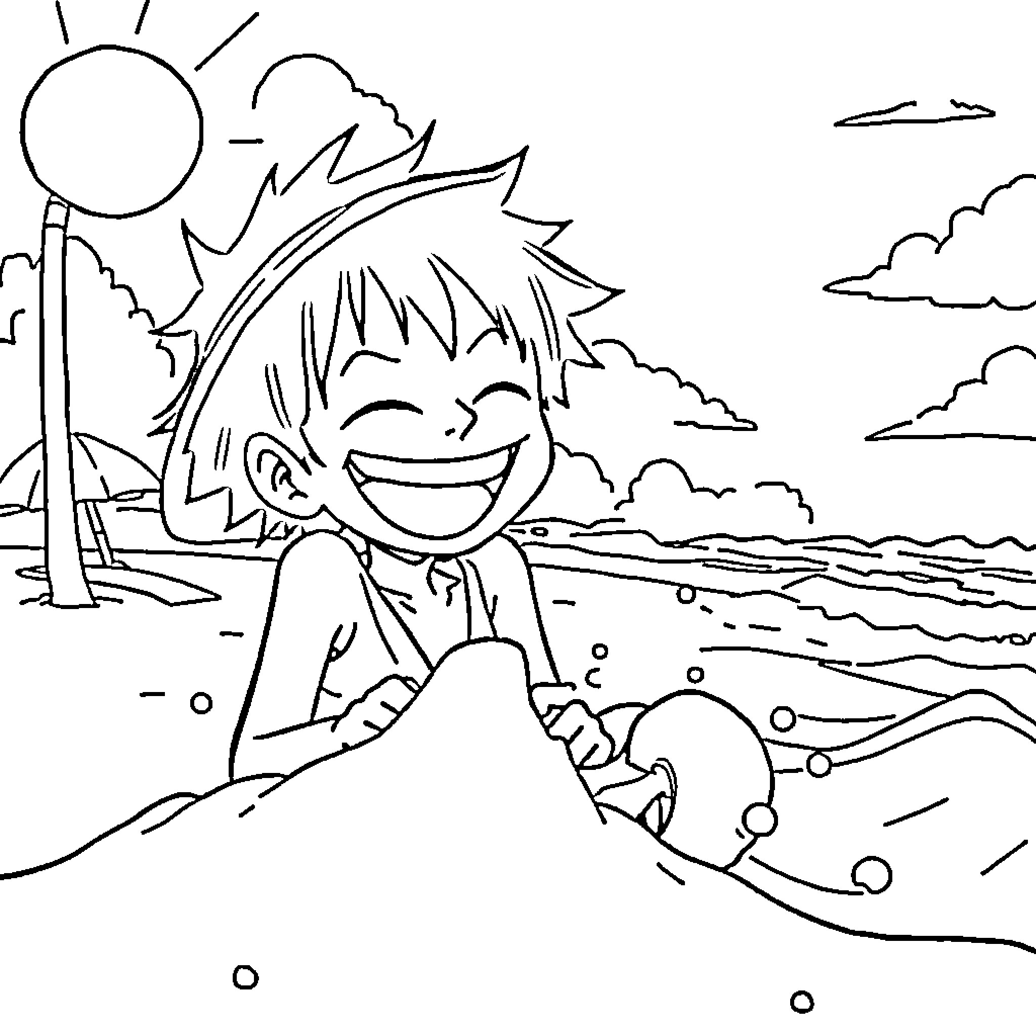 Luffy enjoying a sunny day at the beach Coloring Page (free black-and-white line drawing printable PDF for all, from beginners to advanced learners, including children, teens, adults, and seniors)