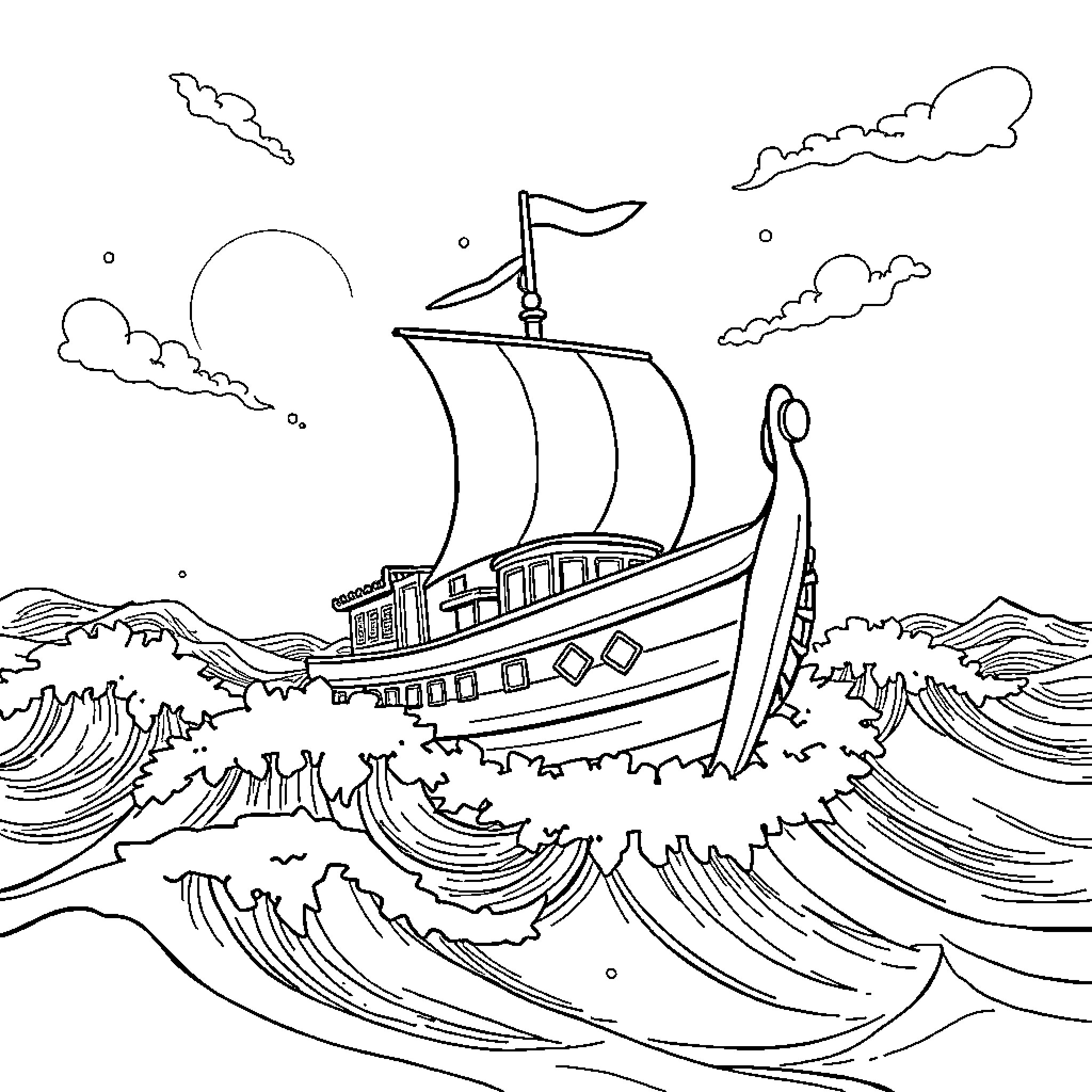 Ship sailing on stormy seas with waves Coloring Page (free black-and-white line drawing printable PDF for all, from beginners to advanced learners, including children, teens, adults, and seniors)