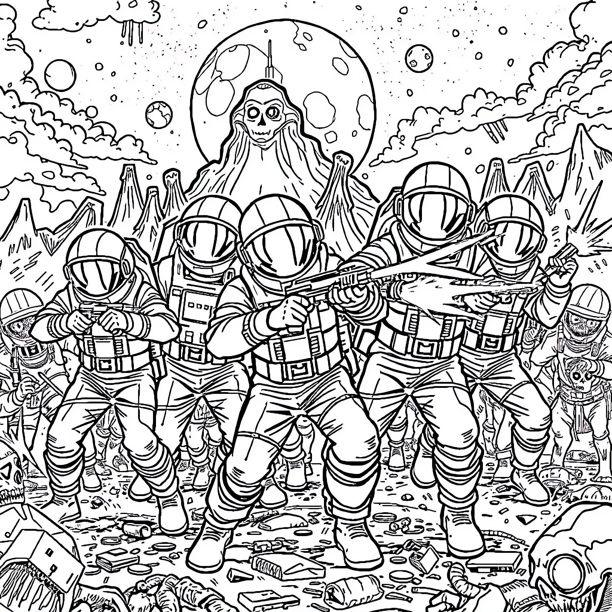 Among Us Astronauts Explore Alien Landscape Coloring Page (free black-and-white line drawing printable PDF for all, from beginners to advanced learners, including children, teens, adults, and seniors)