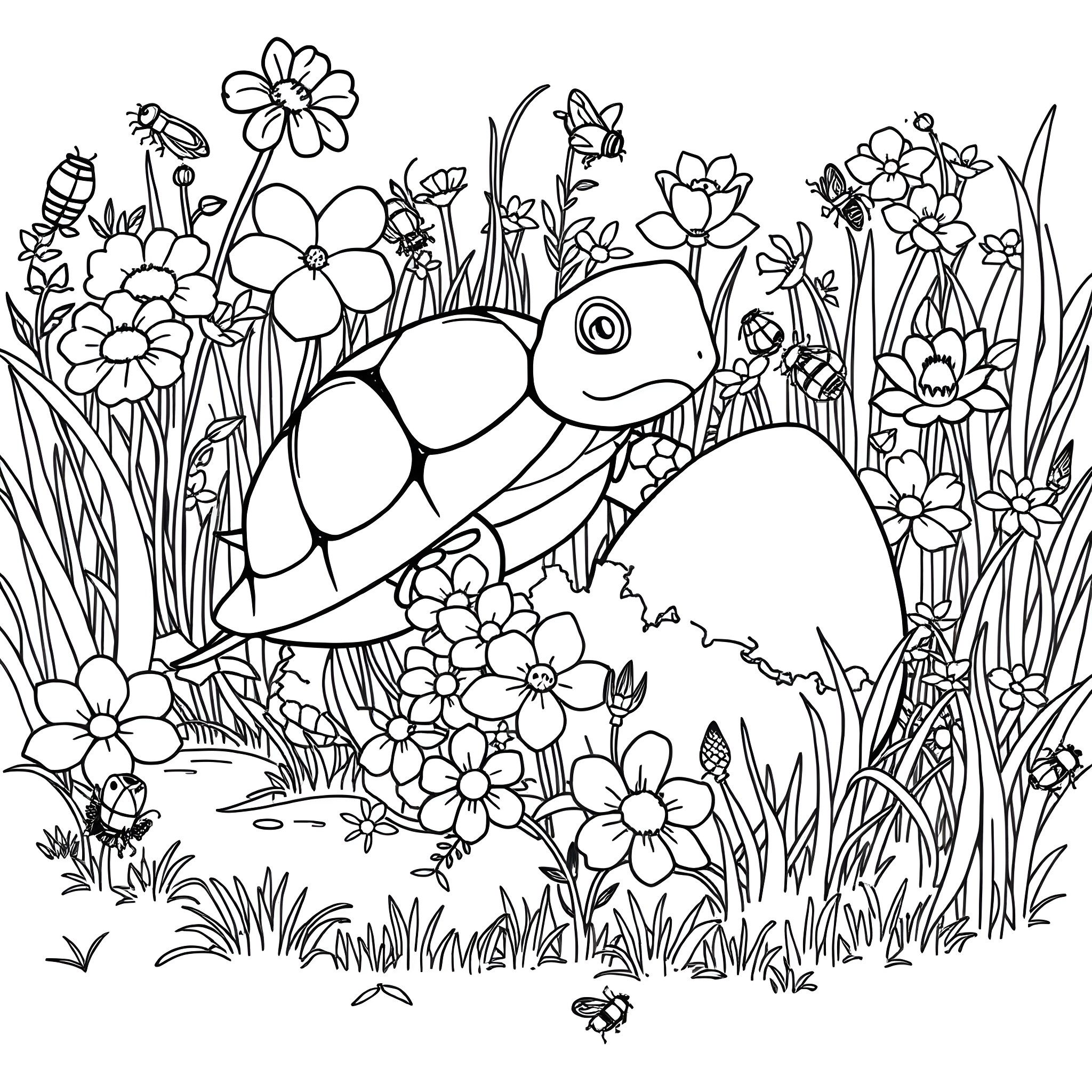 Turtle in a floral garden Coloring Page (free black-and-white line drawing printable PDF for all, from beginners to advanced learners, including children, teens, adults, and seniors)
