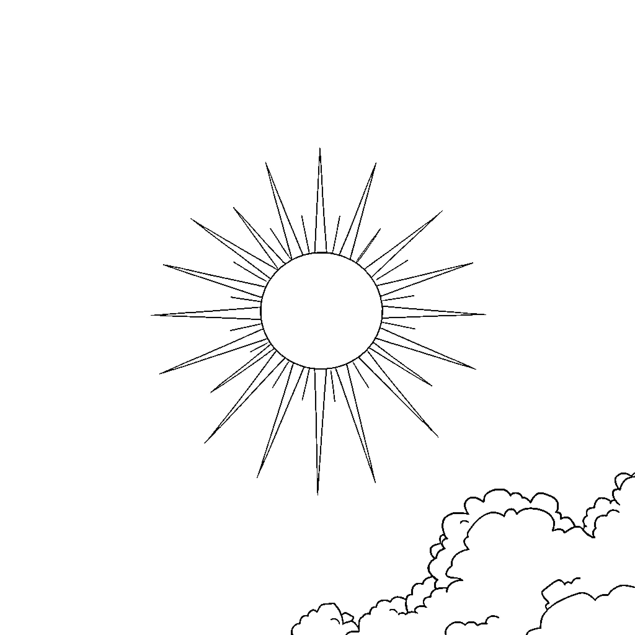Sun shining brightly through the clouds Coloring Page (free black-and-white line drawing printable PDF for all, from beginners to advanced learners, including children, teens, adults, and seniors)