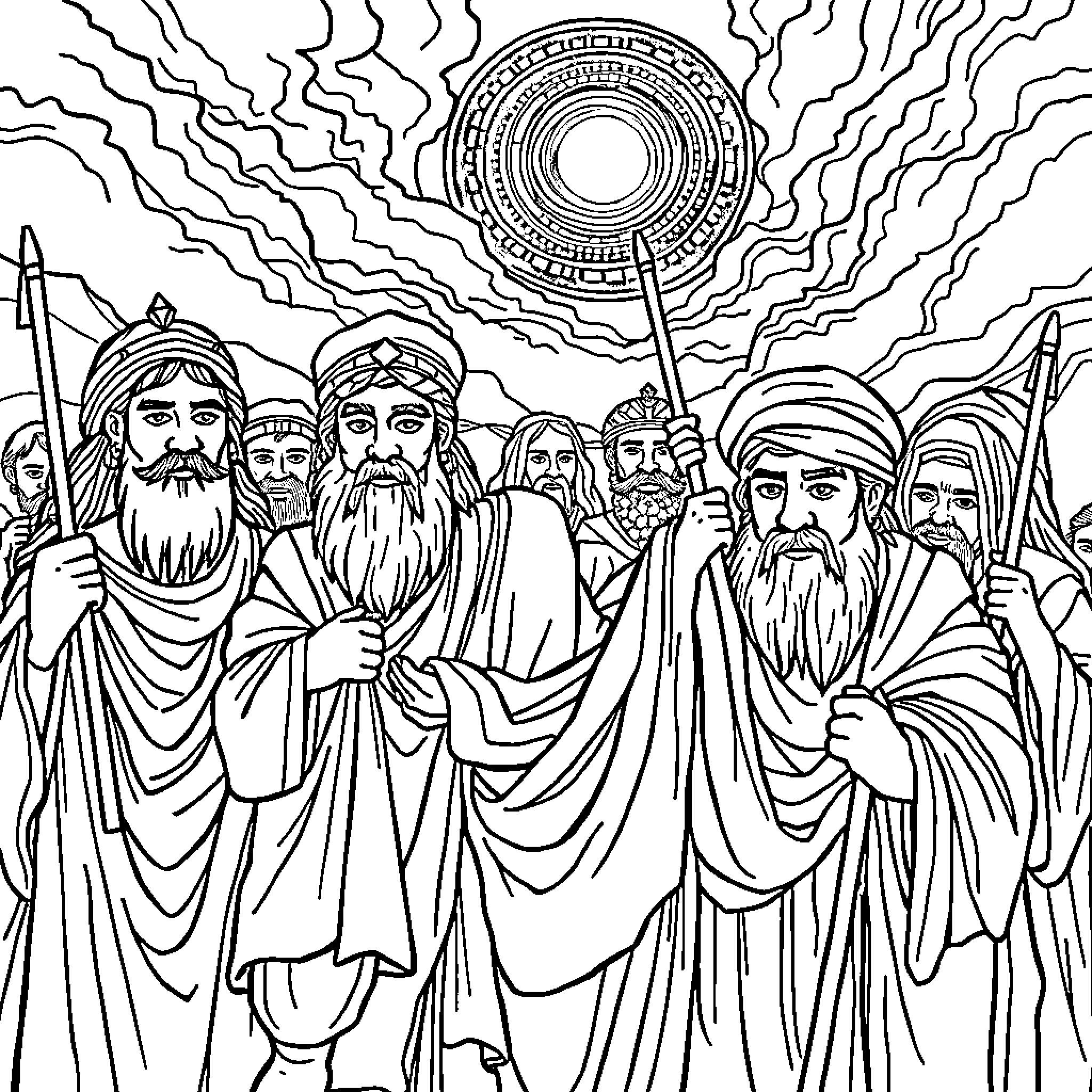 Aryans in ceremonial gathering under cosmic sun Coloring Page (free black-and-white line drawing printable PDF for all, from beginners to advanced learners, including children, teens, adults, and seniors)