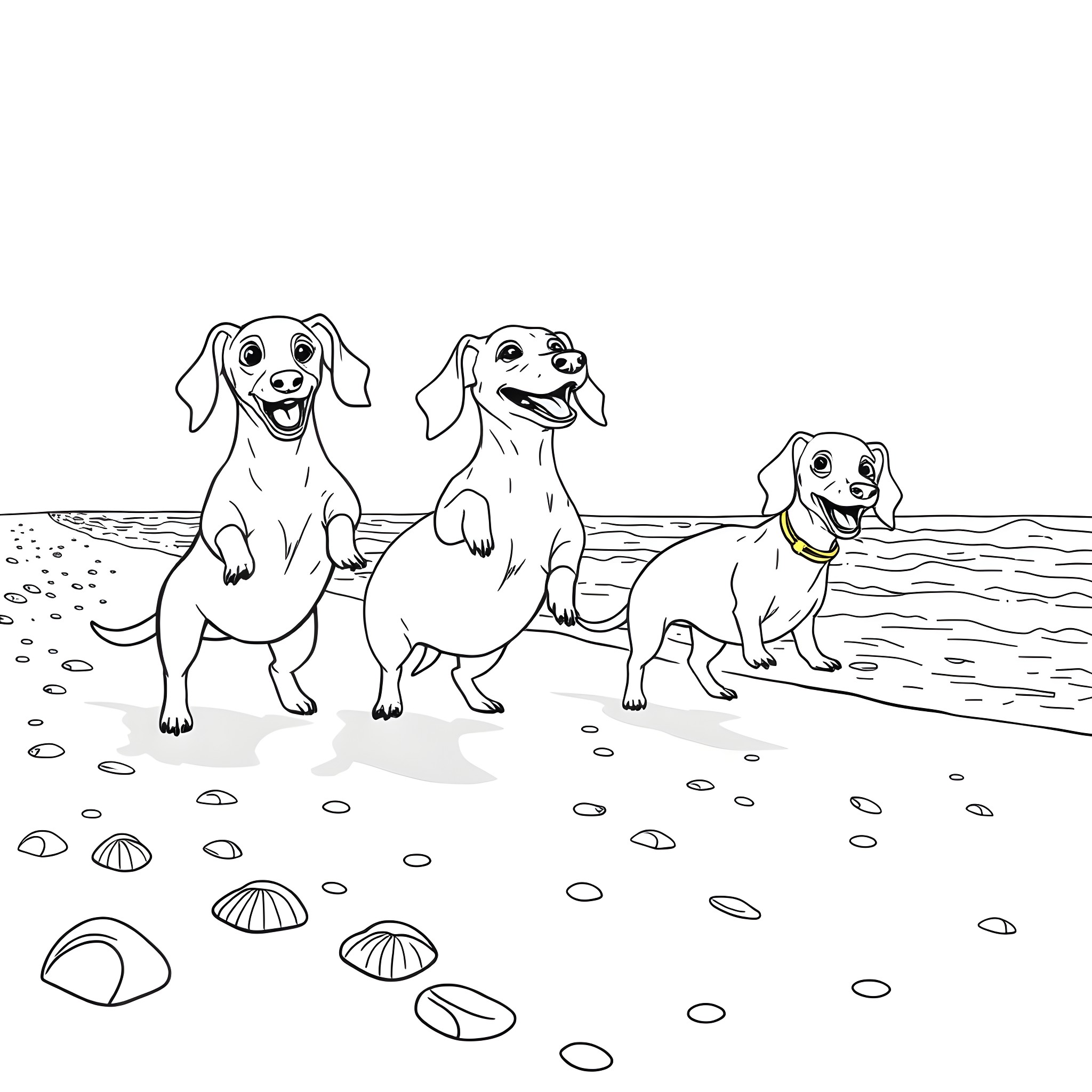 Dachshund dogs playing and exploring on the beach Coloring Page (free black-and-white line drawing printable PDF for all, from beginners to advanced learners, including children, teens, adults, and seniors)