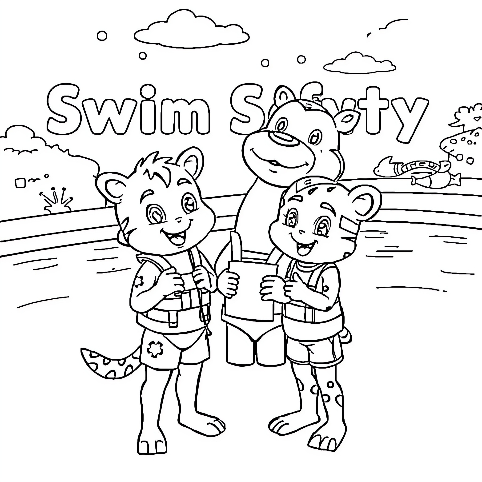 Animal characters enjoy swimming together Coloring Page (free black-and-white line drawing printable PDF for all, from beginners to advanced learners, including children, teens, adults, and seniors)