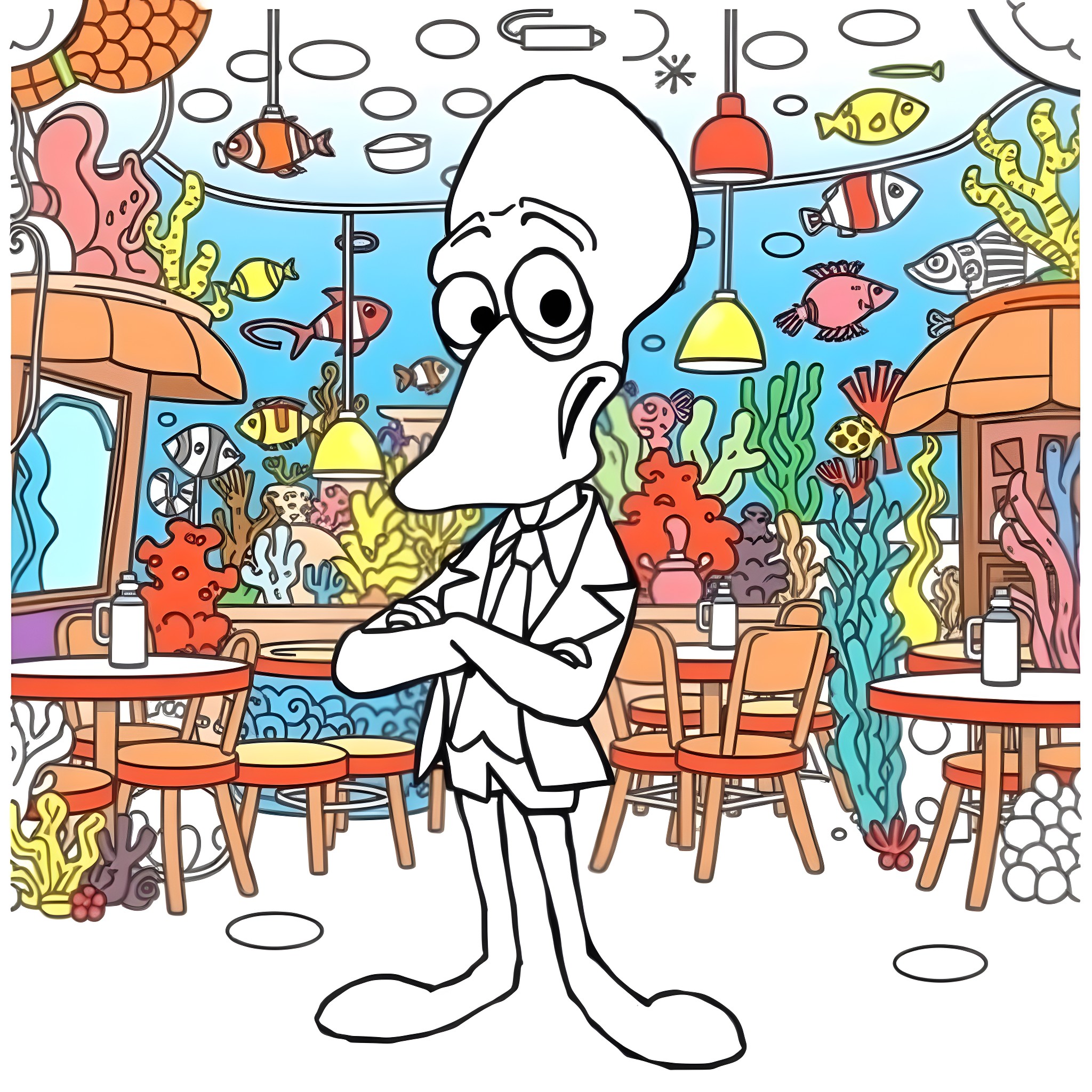 Squidward's Underwater Dinner Delight Coloring Page (free black-and-white line drawing printable PDF for all, from beginners to advanced learners, including children, teens, adults, and seniors)