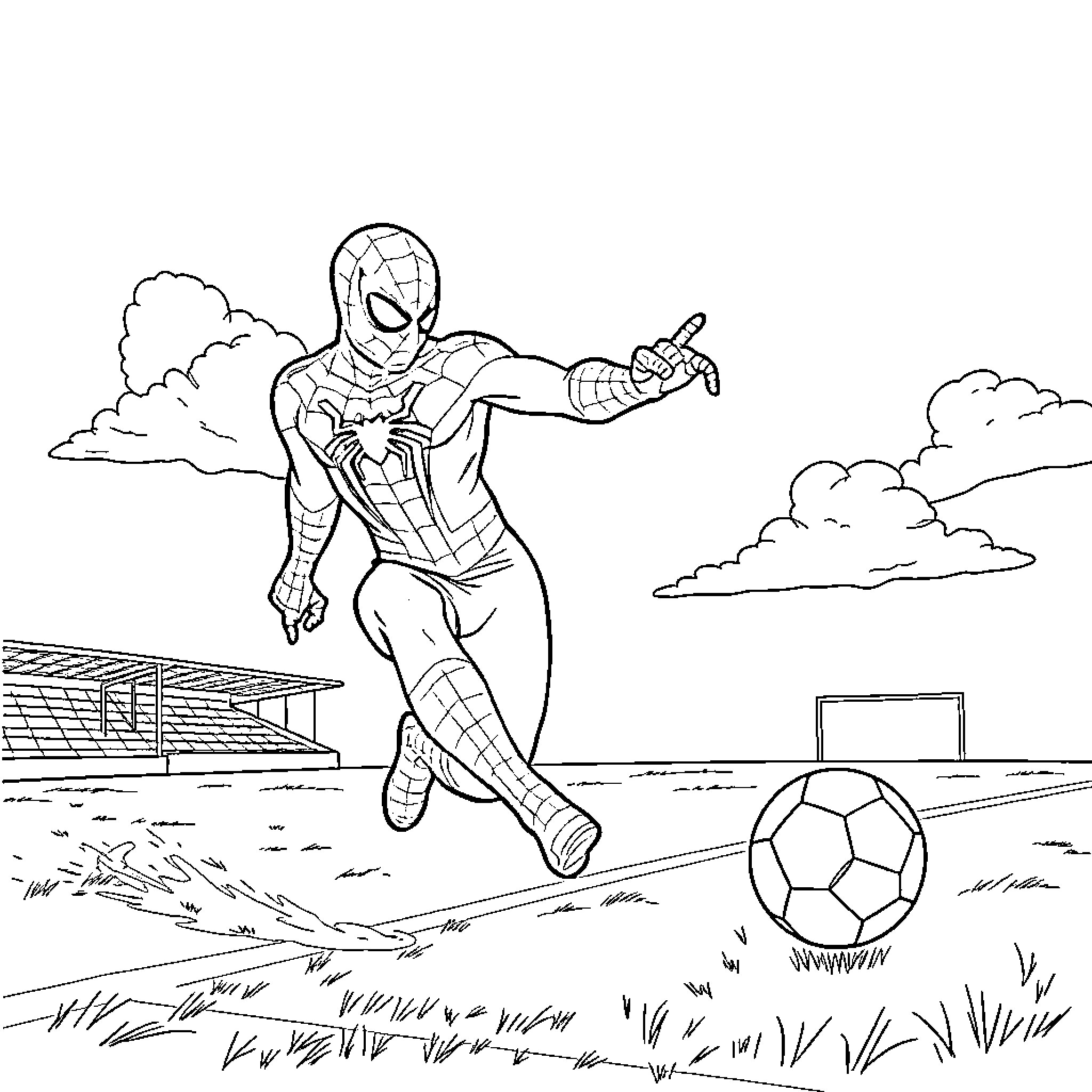 Spiderman playing soccer in the park Coloring Page (free black-and-white line drawing printable PDF for all, from beginners to advanced learners, including children, teens, adults, and seniors)