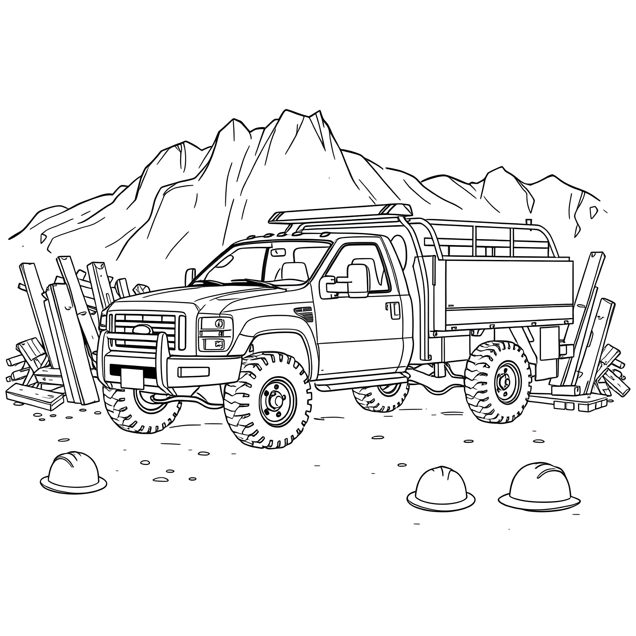 Truck hauling construction equipment in rugged terrain Coloring Page (free black-and-white line drawing printable PDF for all, from beginners to advanced learners, including children, teens, adults, and seniors)