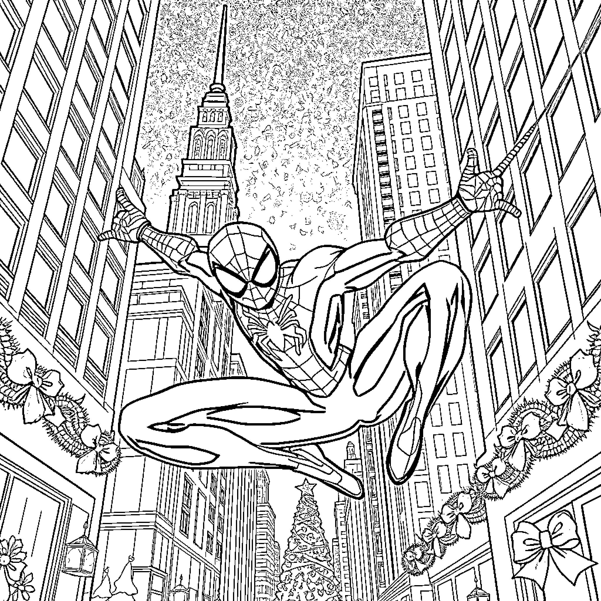 Spiderman swinging through the city skyline Coloring Page (free black-and-white line drawing printable PDF for all, from beginners to advanced learners, including children, teens, adults, and seniors)