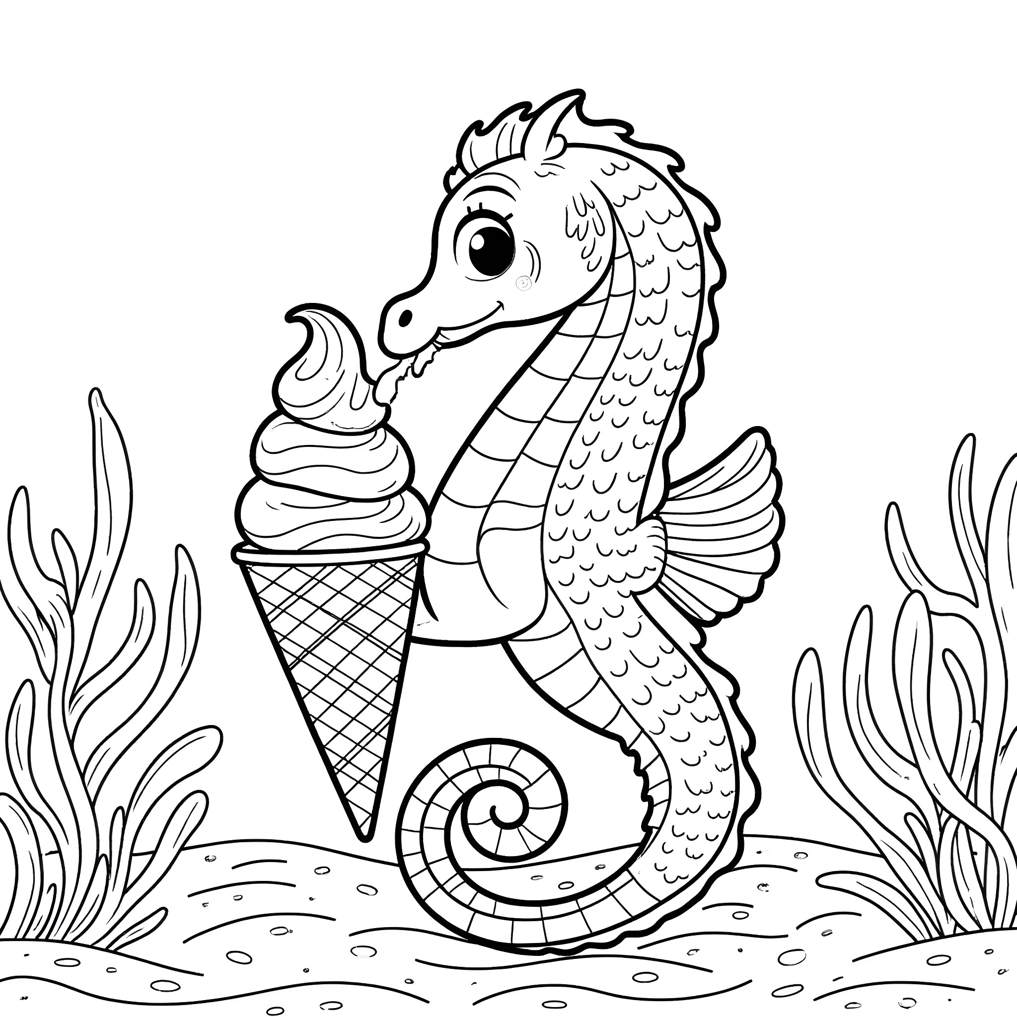 Seahorse enjoying an ice cream cone in the ocean Coloring Page (free black-and-white line drawing printable PDF for all, from beginners to advanced learners, including children, teens, adults, and seniors)