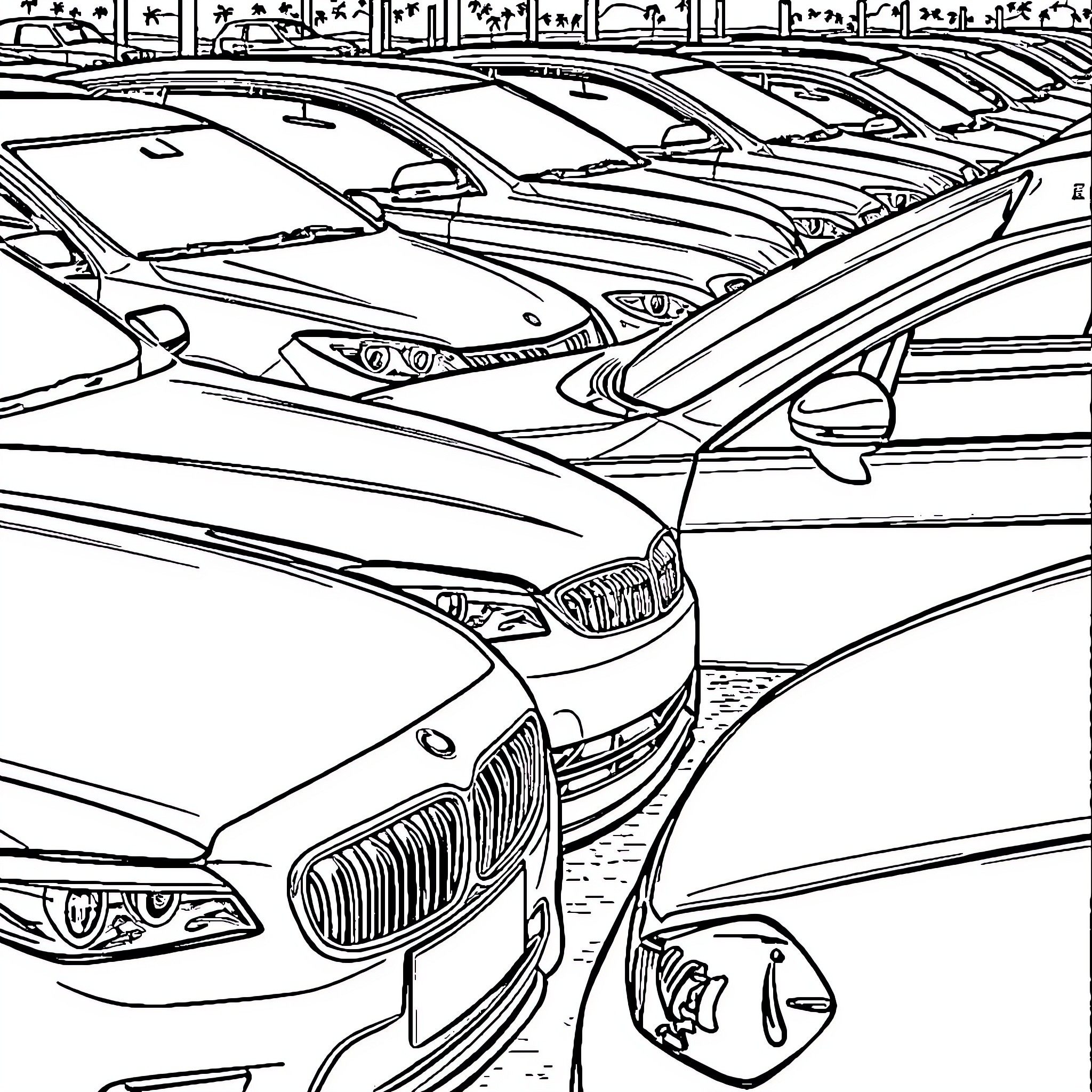 Auto Showroom with Luxury Vehicles Coloring Page (free black-and-white line drawing printable PDF for all, from beginners to advanced learners, including children, teens, adults, and seniors)